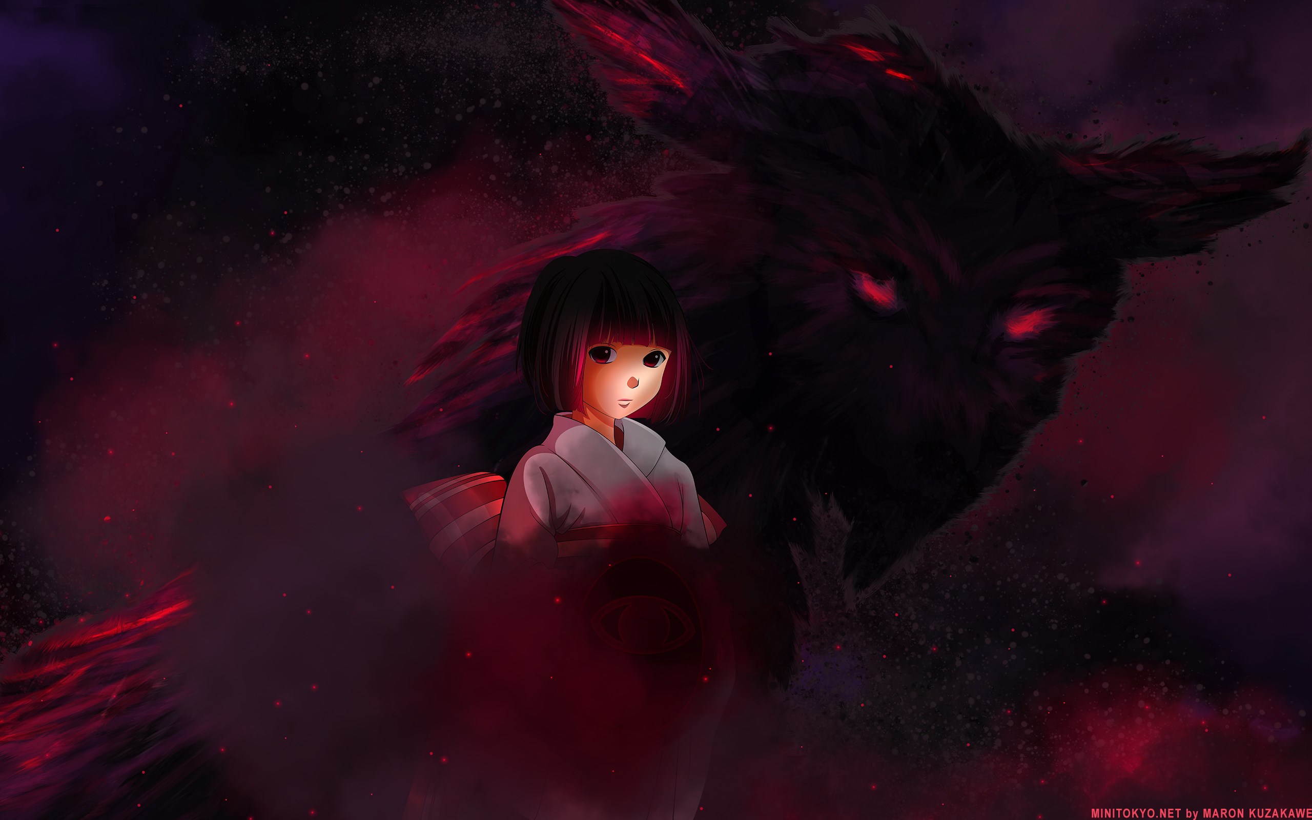 Girl and a dark creature in red smoke HD Wallpaper