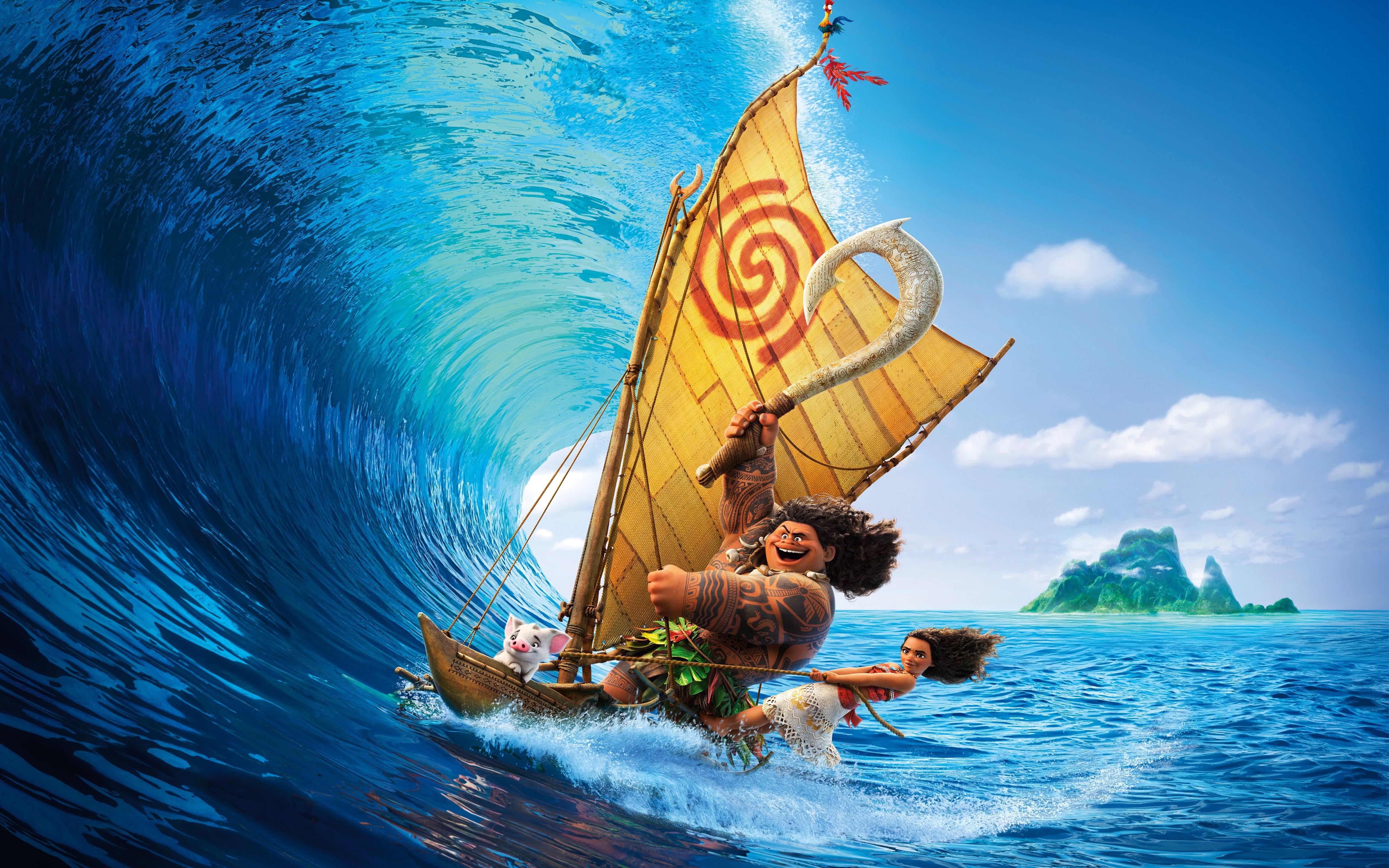Maui and Moana sailing on a boat with Pua HD Wallpaper