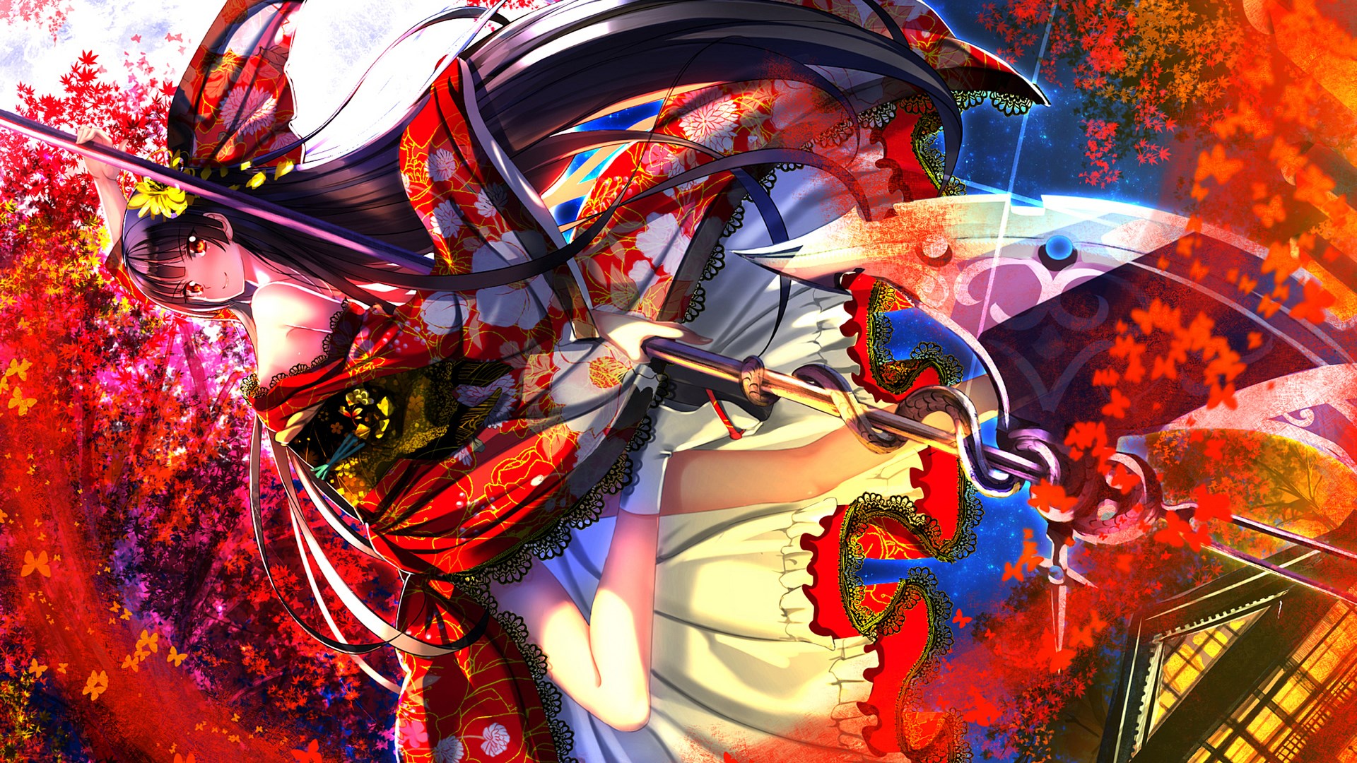 Girl in kimono with sword and butterflies HD Wallpaper