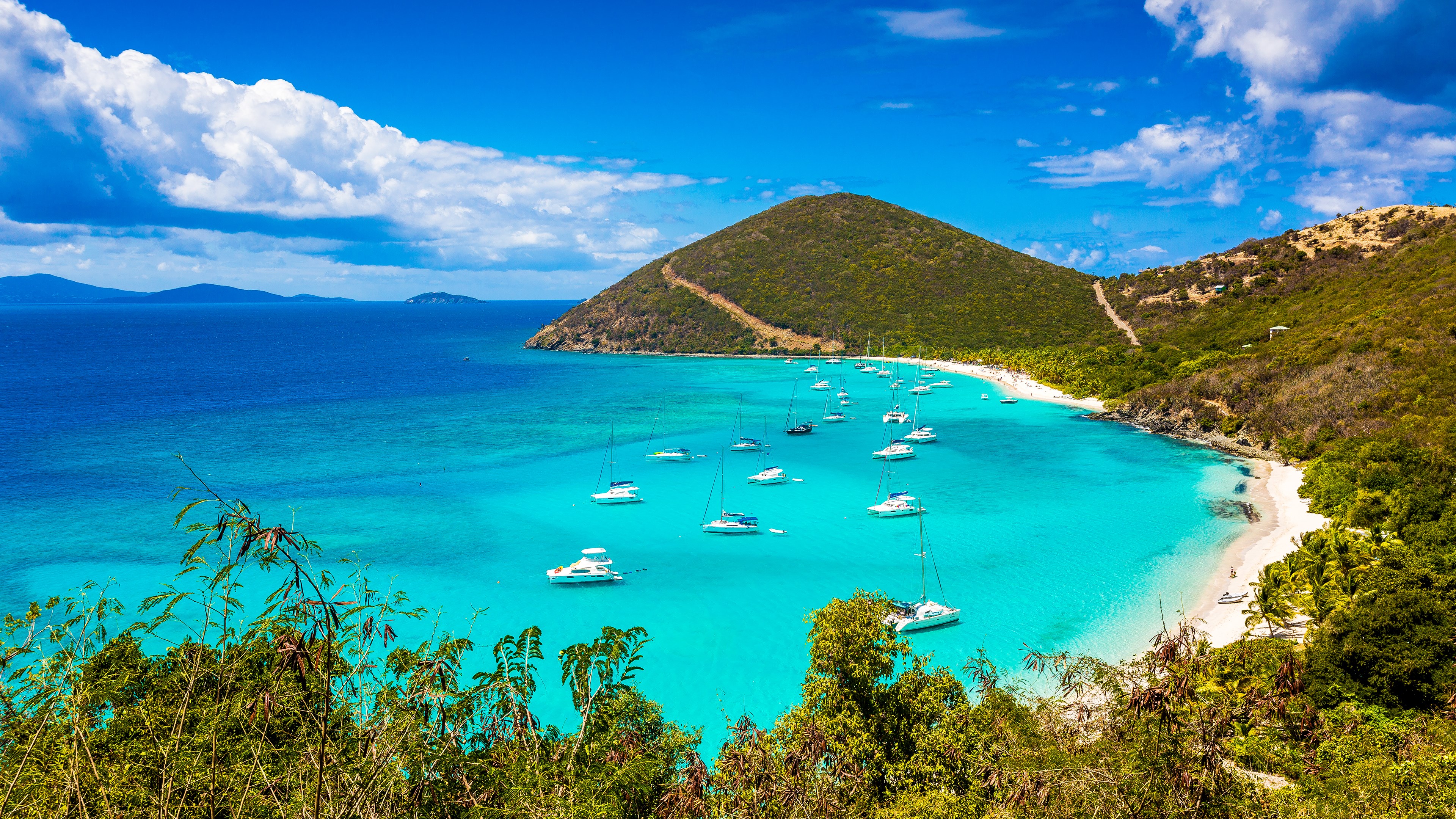 4K Tropical Bay with Sailboats and Green Hills HD Wallpaper