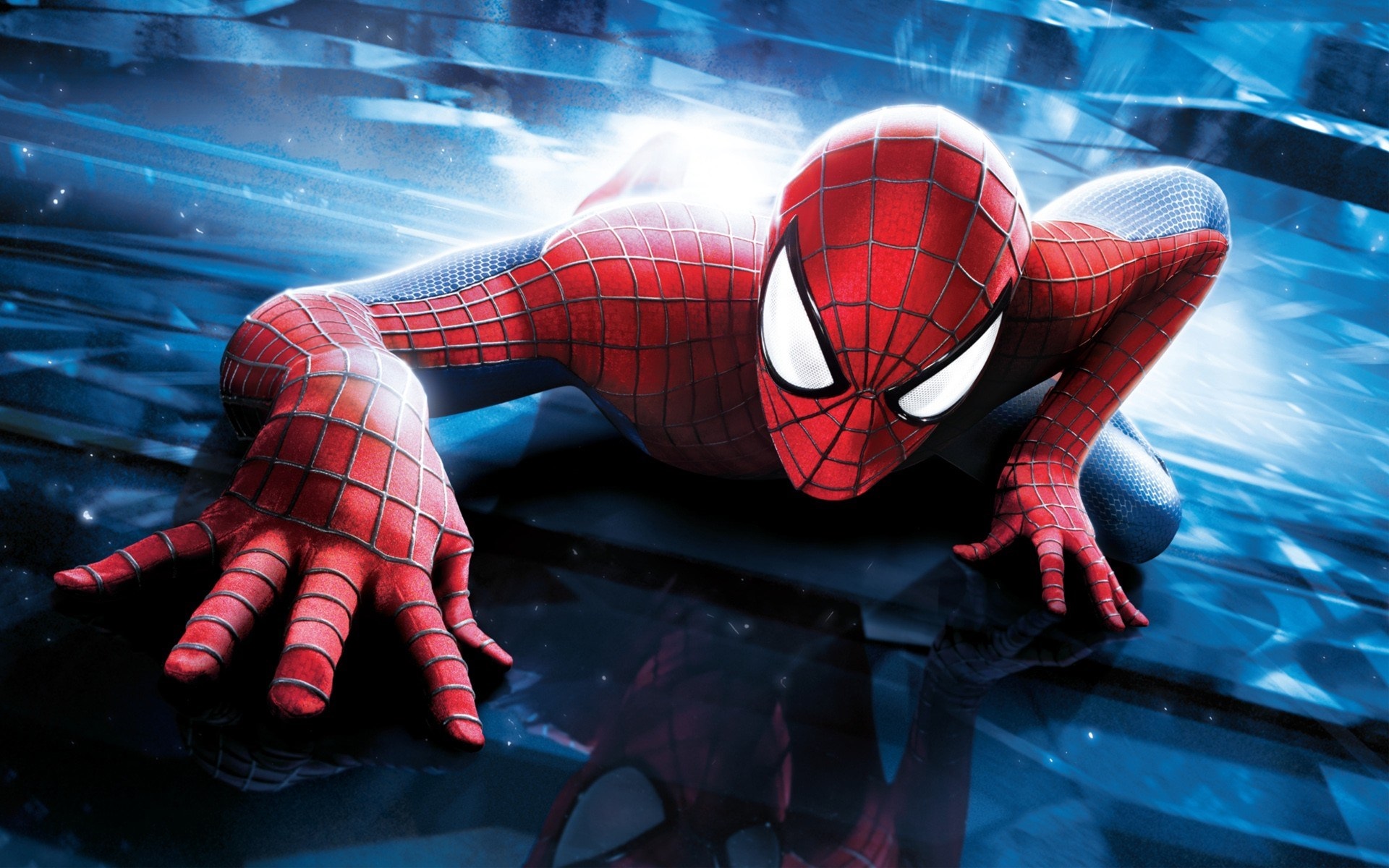 Spiderman crawling on a reflective surface HD Wallpaper