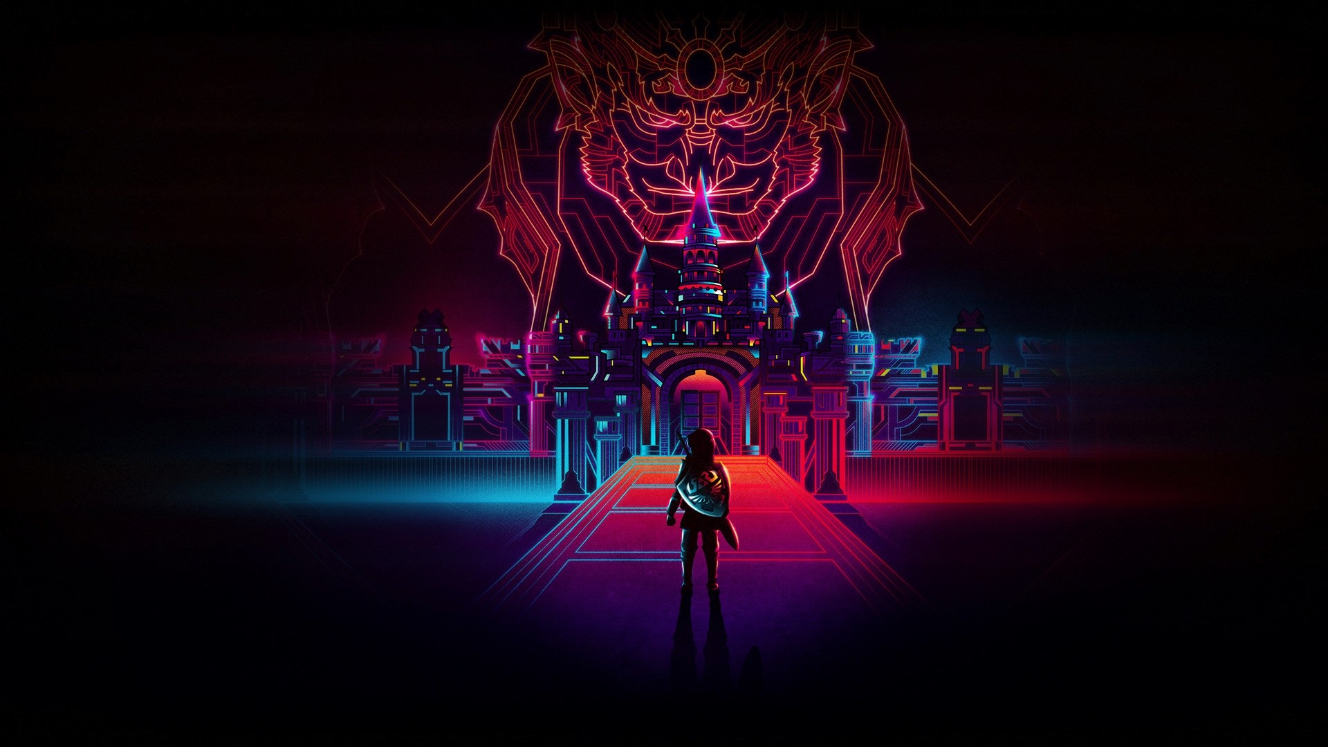 Link from The Legend of Zelda facing a neon castle HD Wallpaper