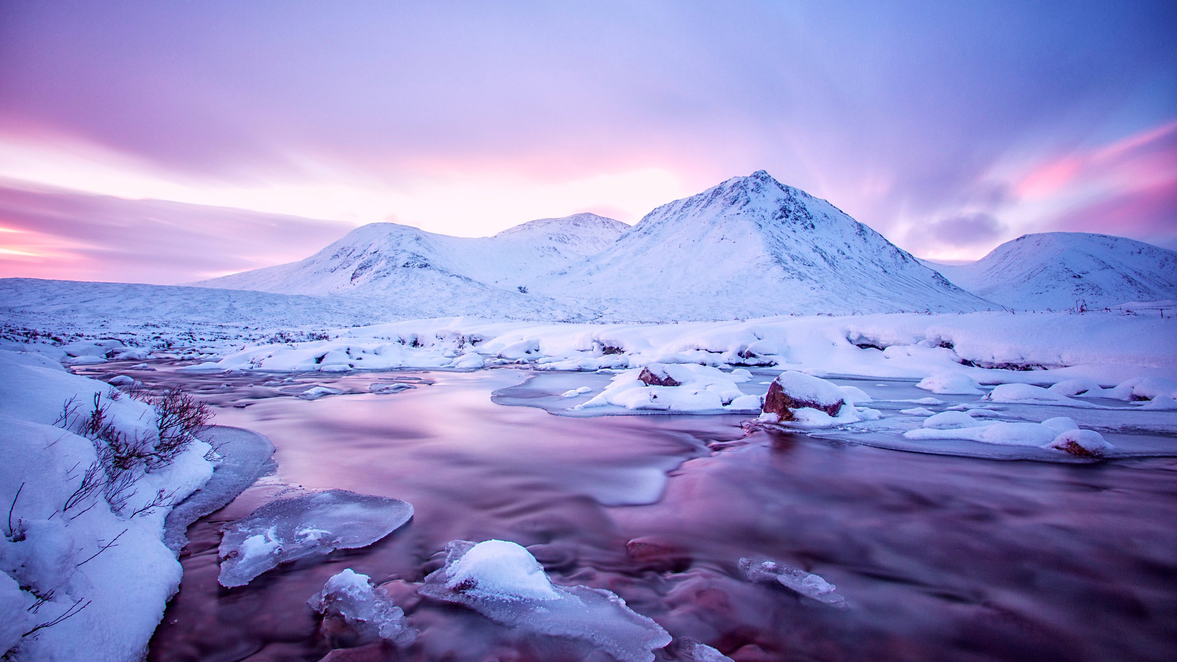 Winter landscape with snow-covered mountains and a river 4K HD Wallpaper