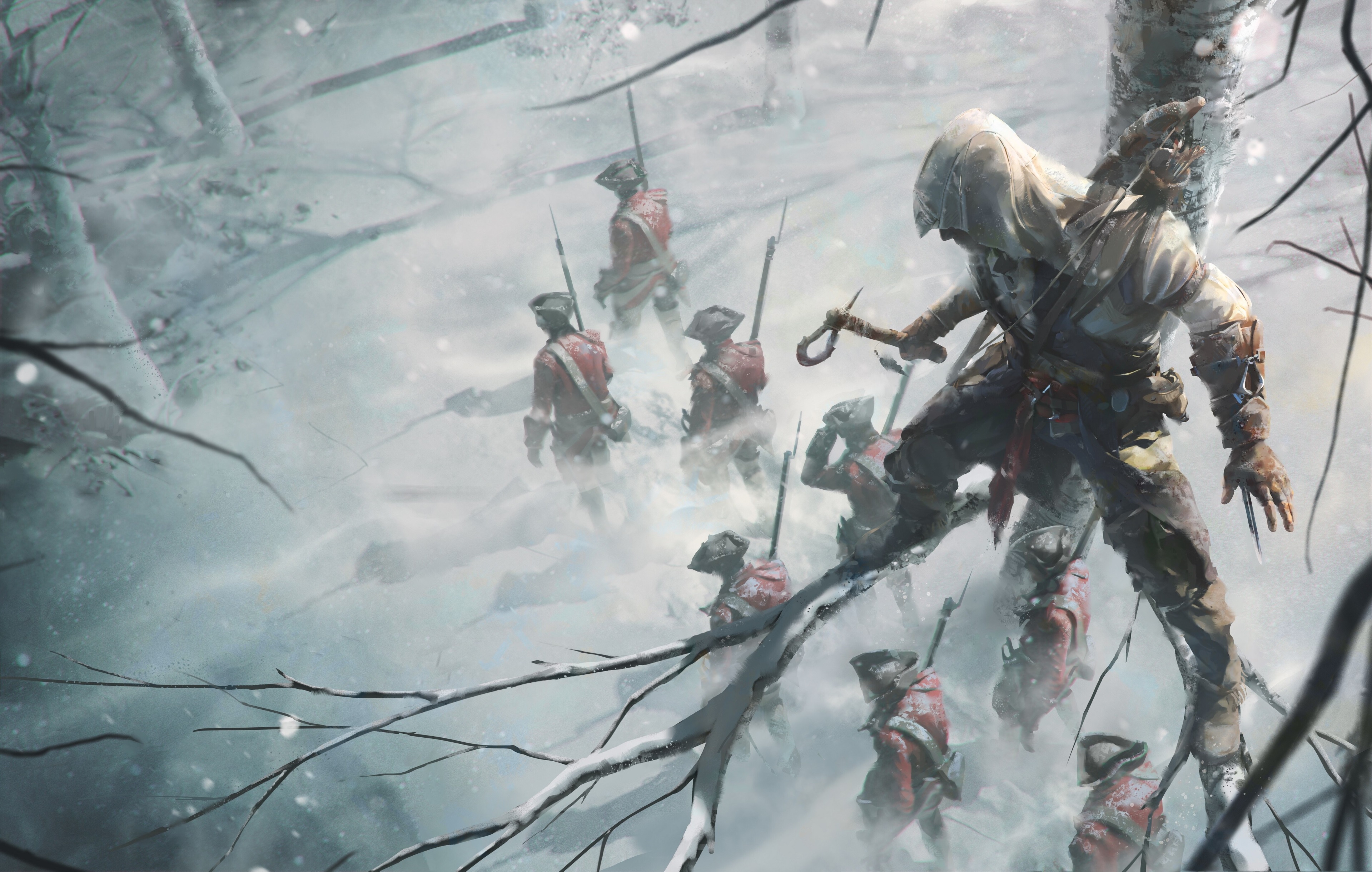 Connor from Assassin's Creed III in a snowy forest HD Wallpaper