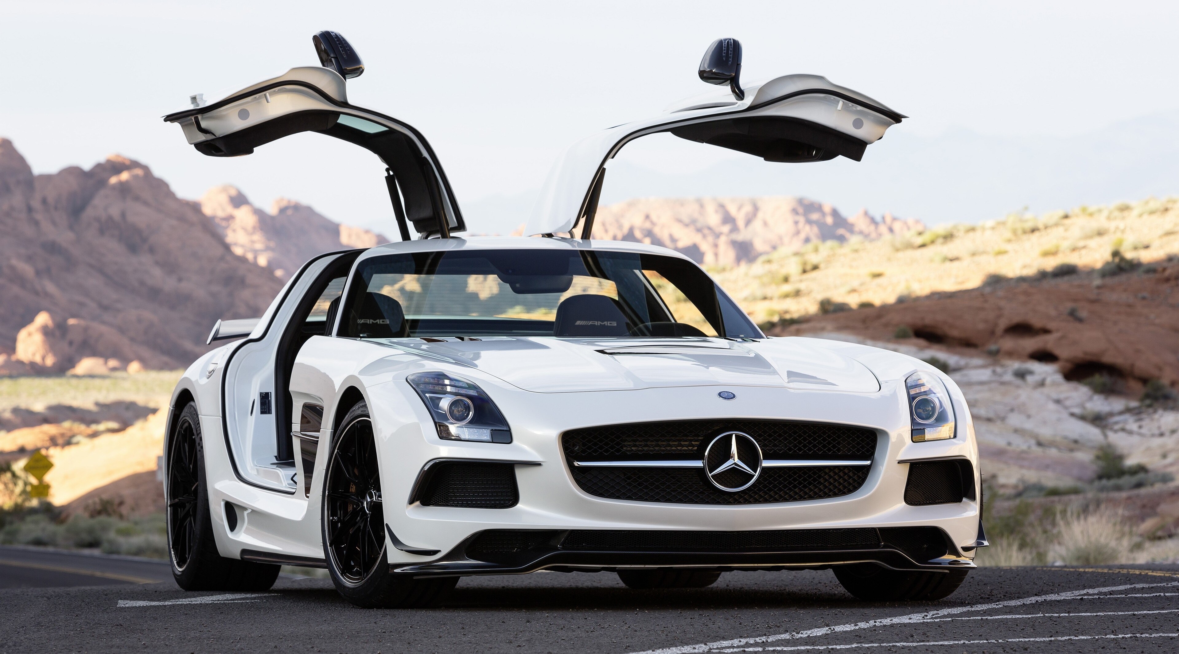White Mercedes-Benz SLS 63 AMG Black Series with Gullwing Doors HD Wallpaper