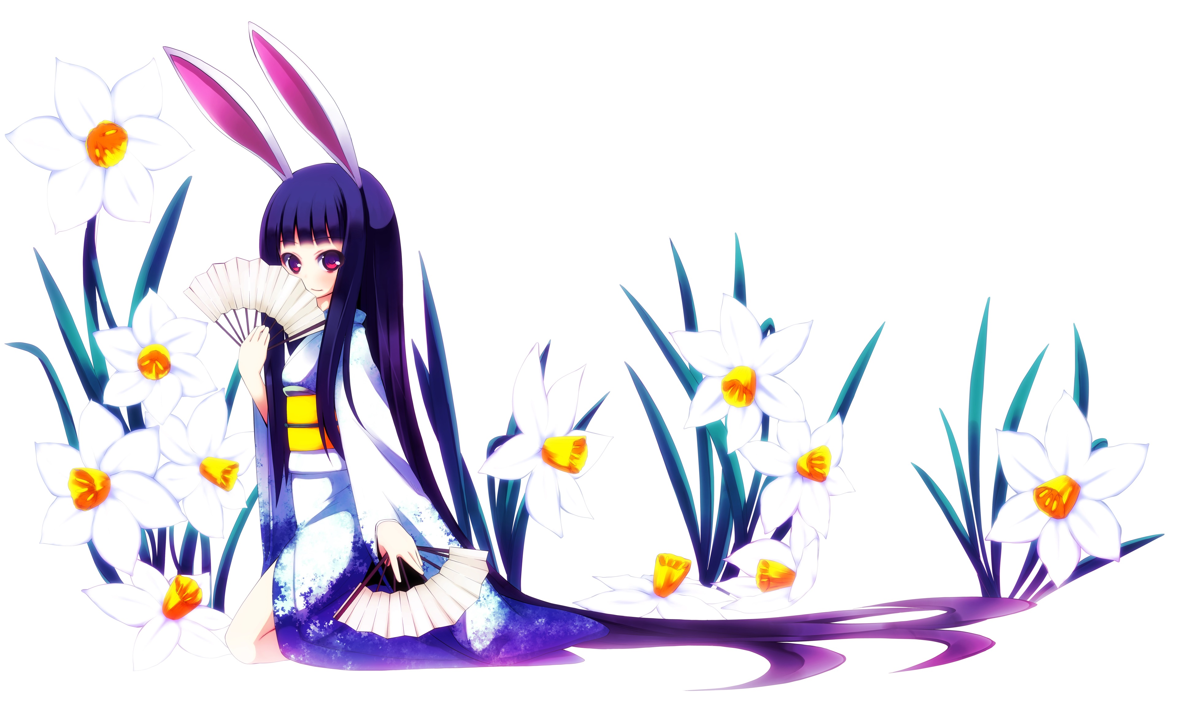 Anime girl with bunny ears and daffodils HD Wallpaper