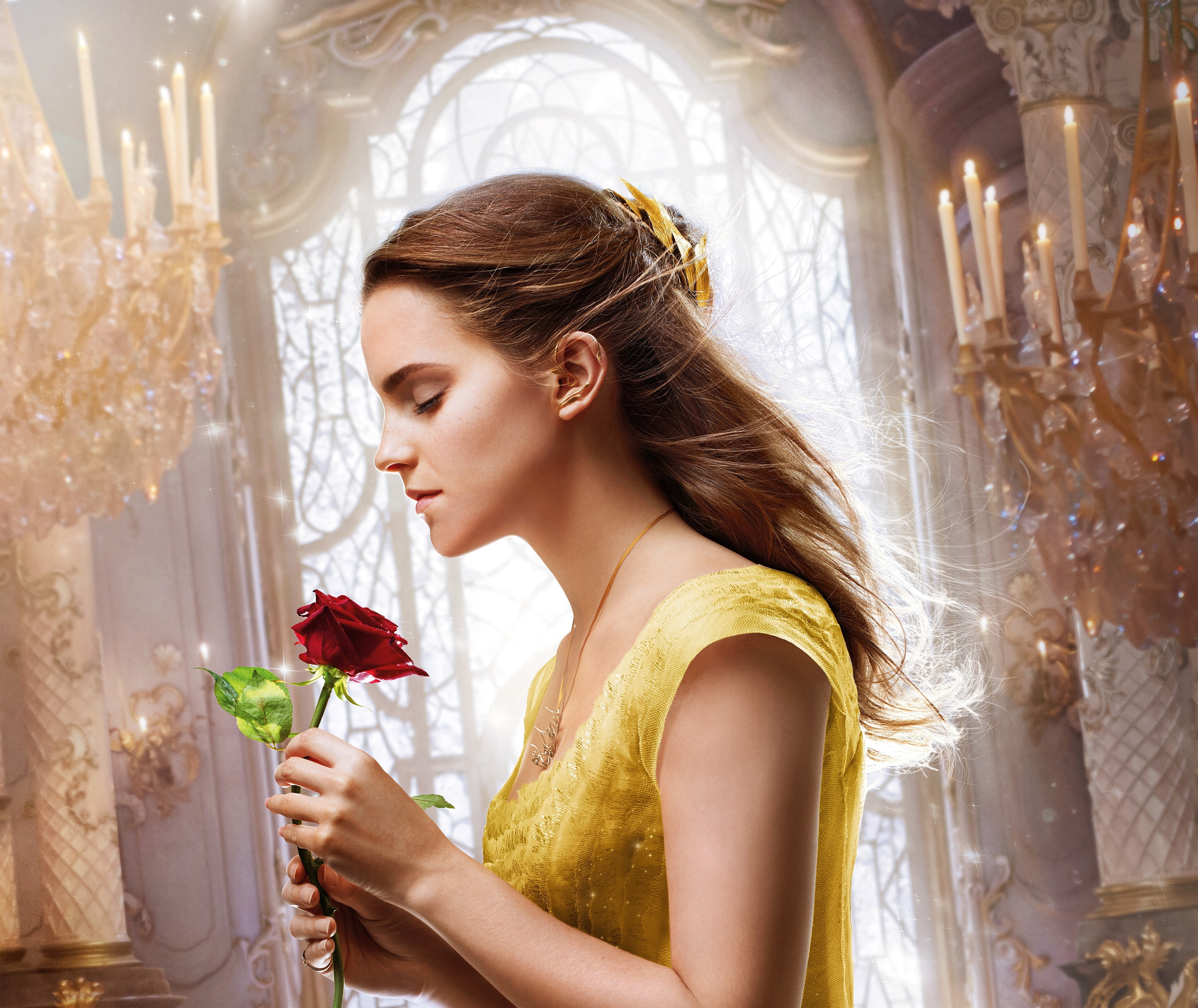 Emma Watson as Belle holding a rose HD Wallpaper