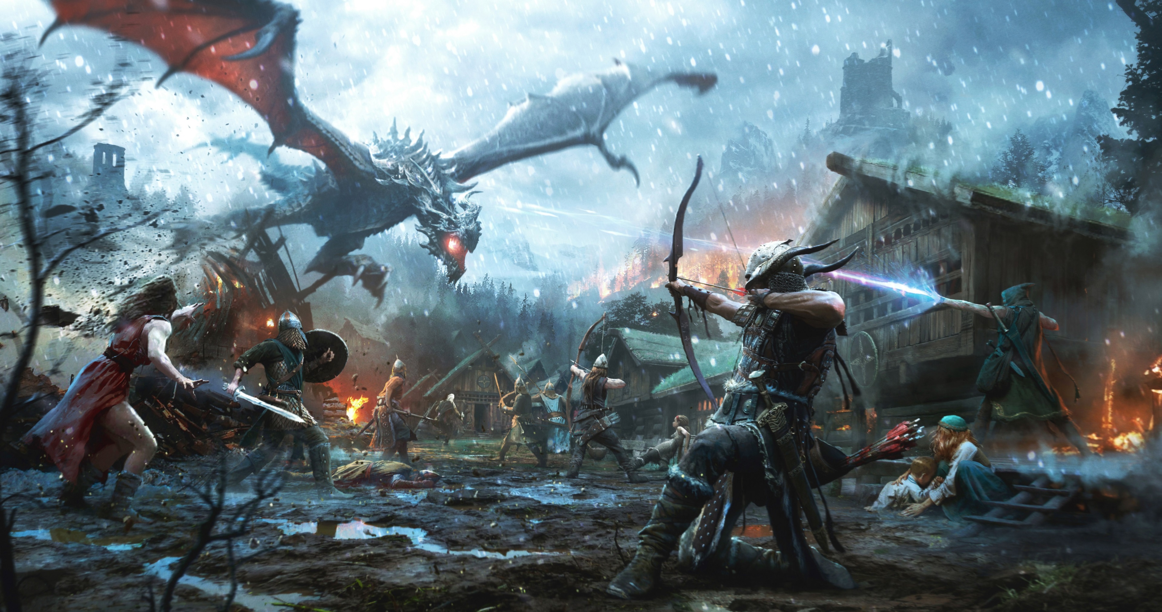 The Elder Scrolls Legends: Dragon Attack on Village HD Wallpaper