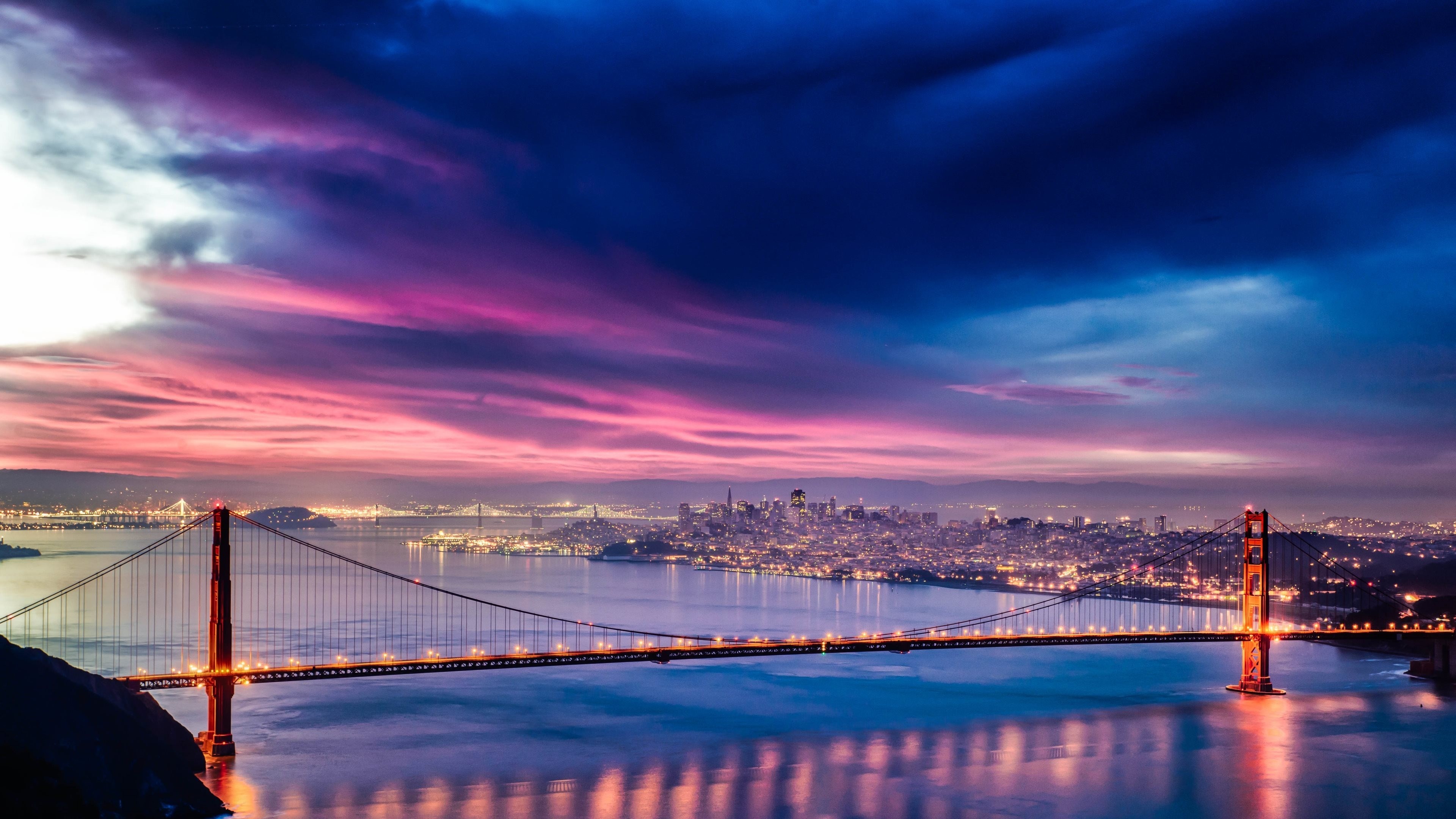 Golden Gate Bridge and San Francisco skyline at sunset 4K HD Wallpaper