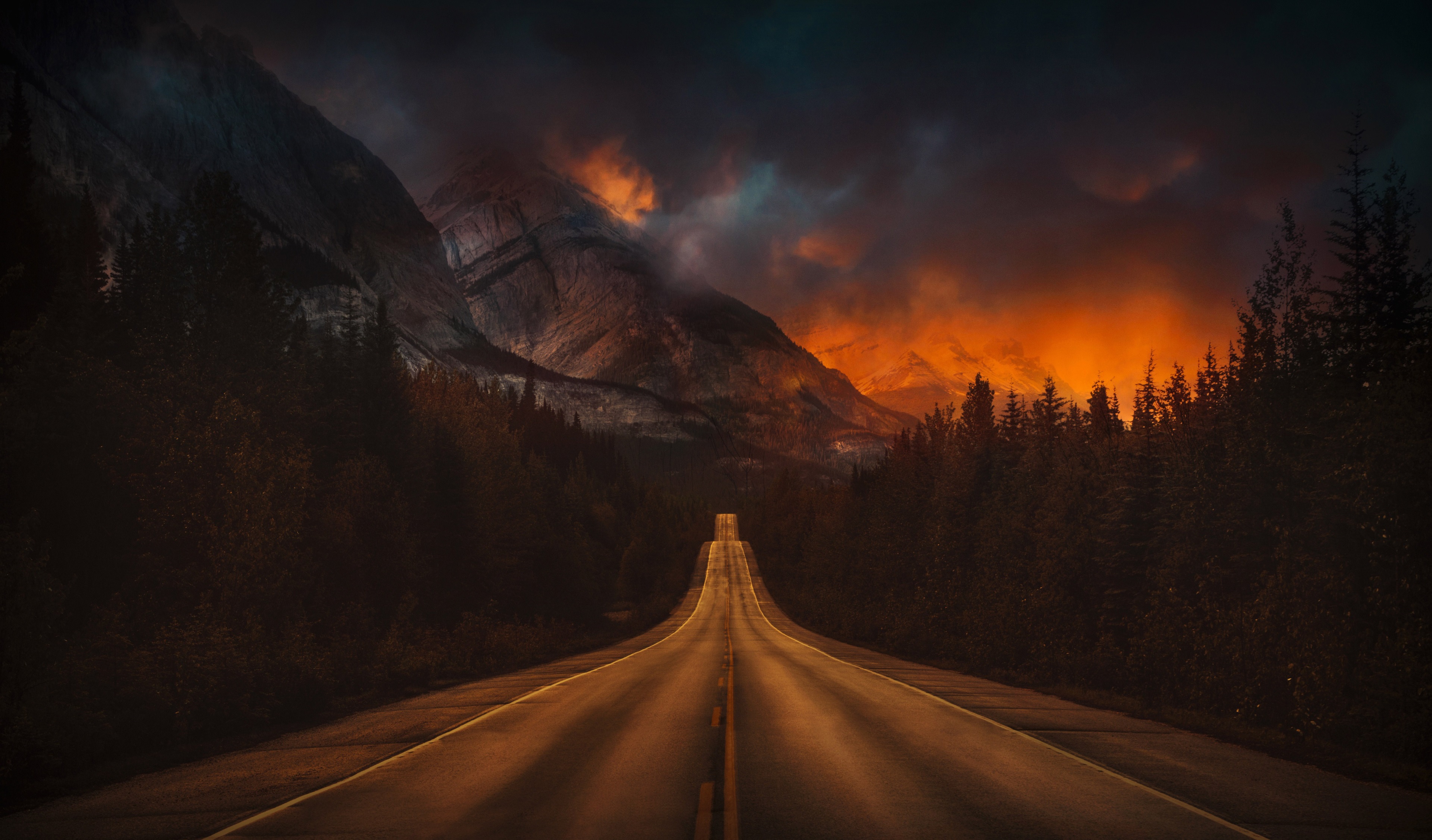 Road through mountains at sunset 4K HD Wallpaper