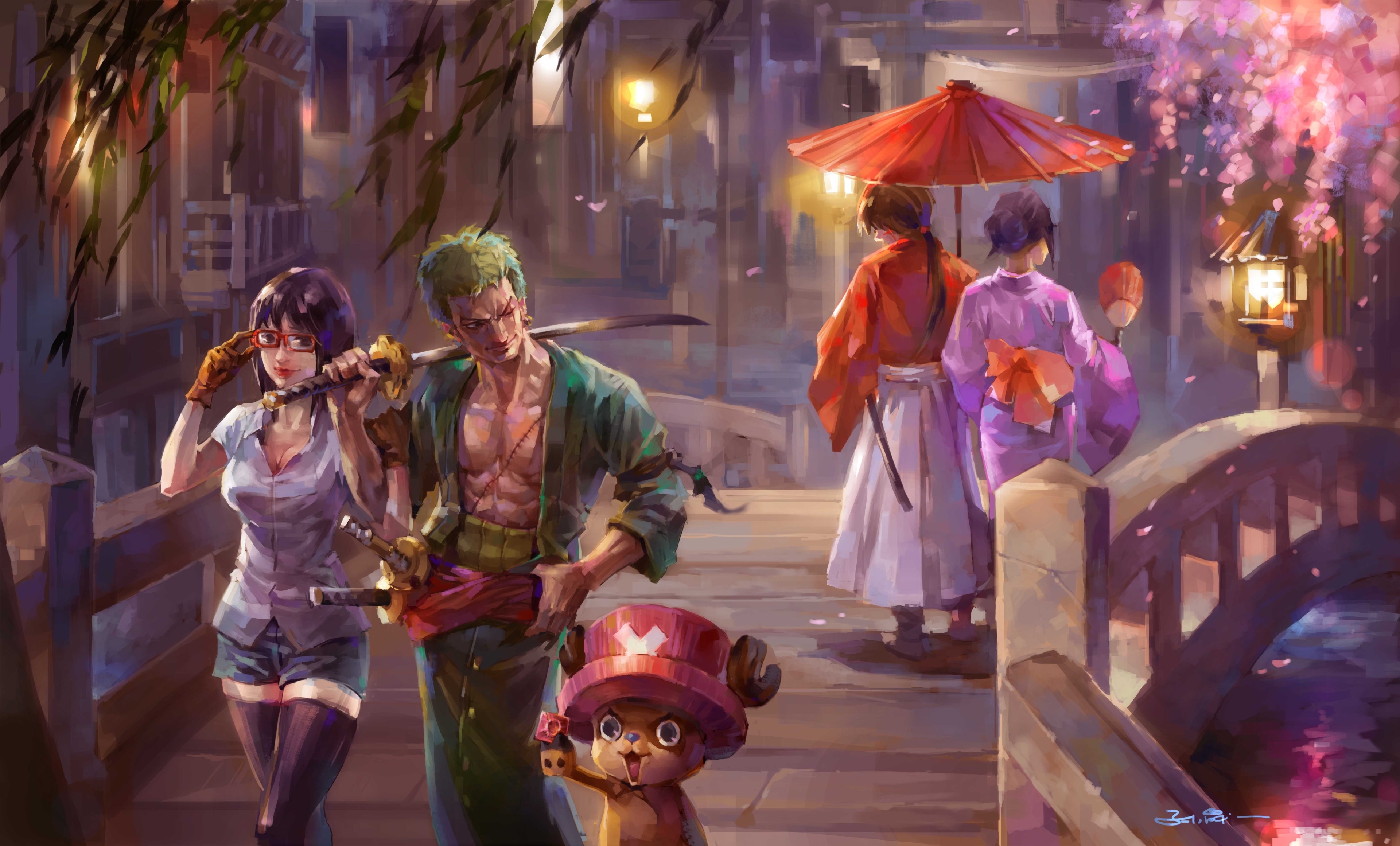 One Piece characters in a Japanese town at night HD Wallpaper