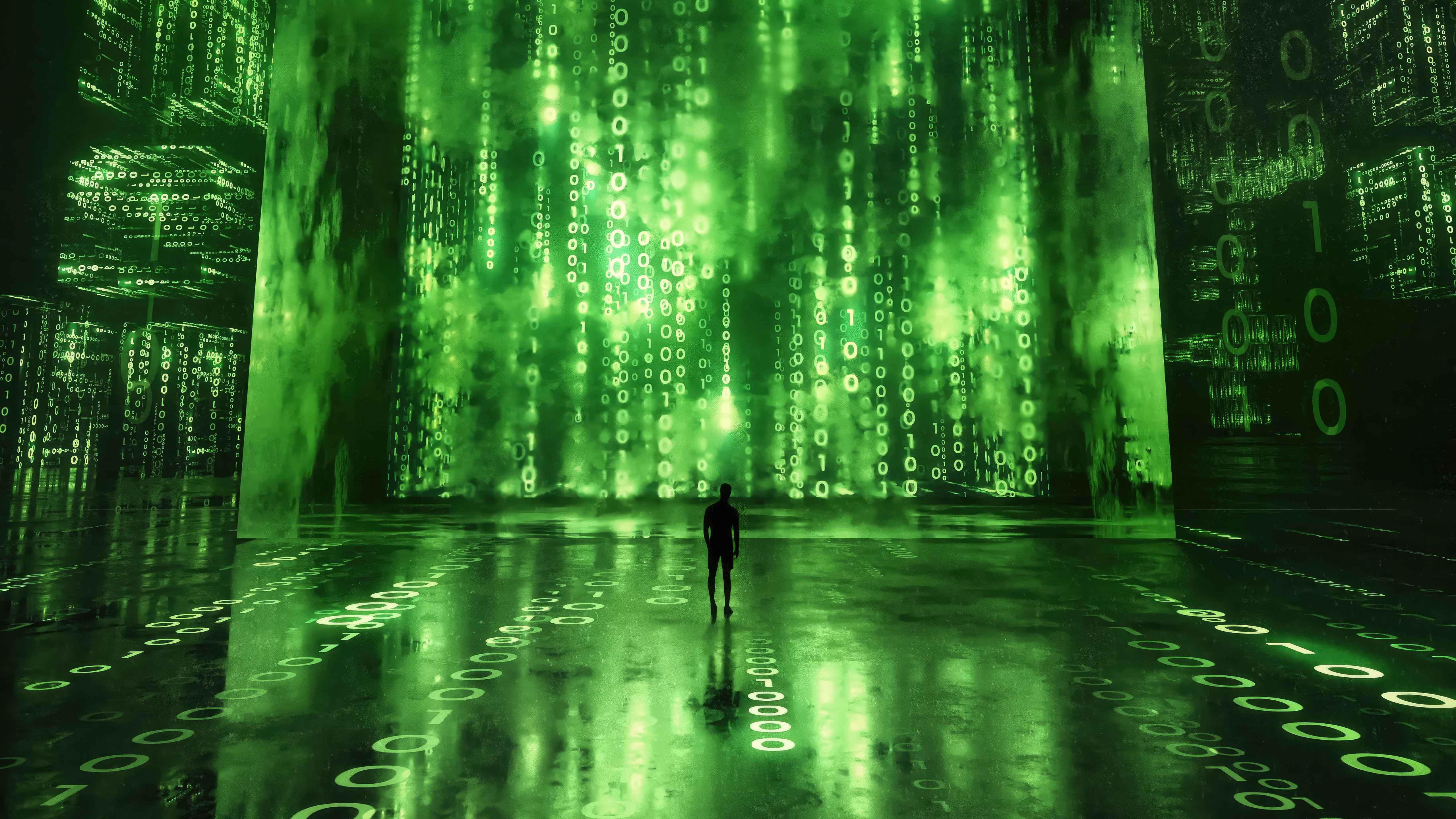 Man in Matrix Digital Rain HD Wallpaper