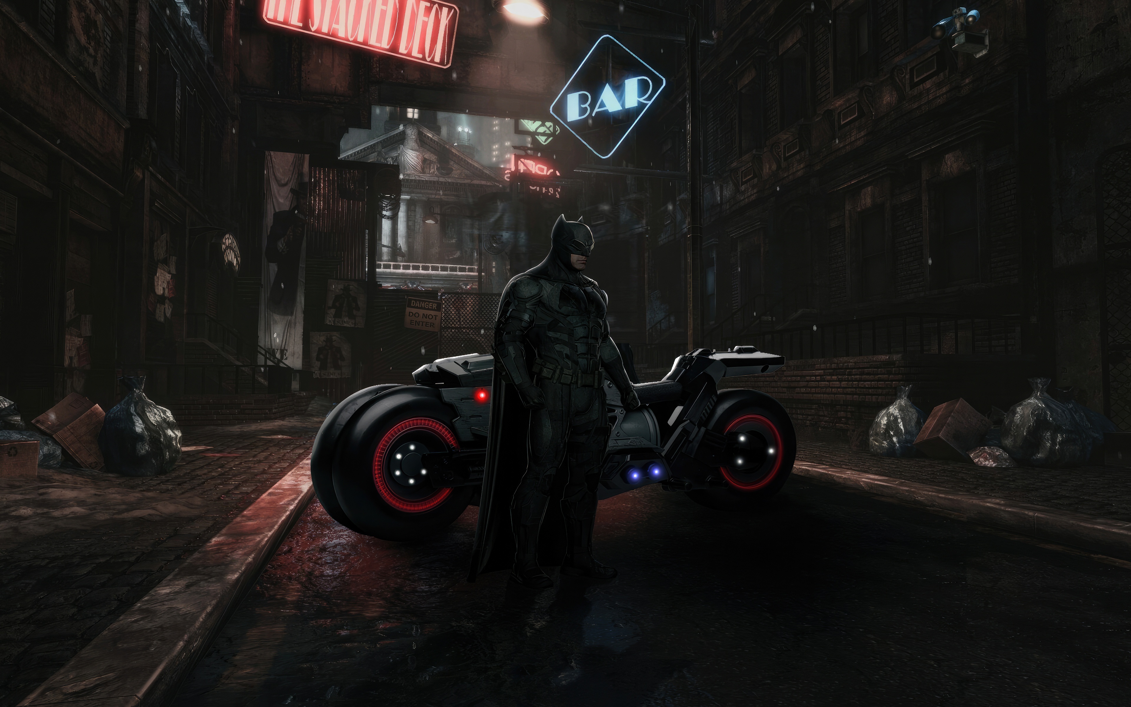 Batman and his Batcycle in a dark alley HD Wallpaper