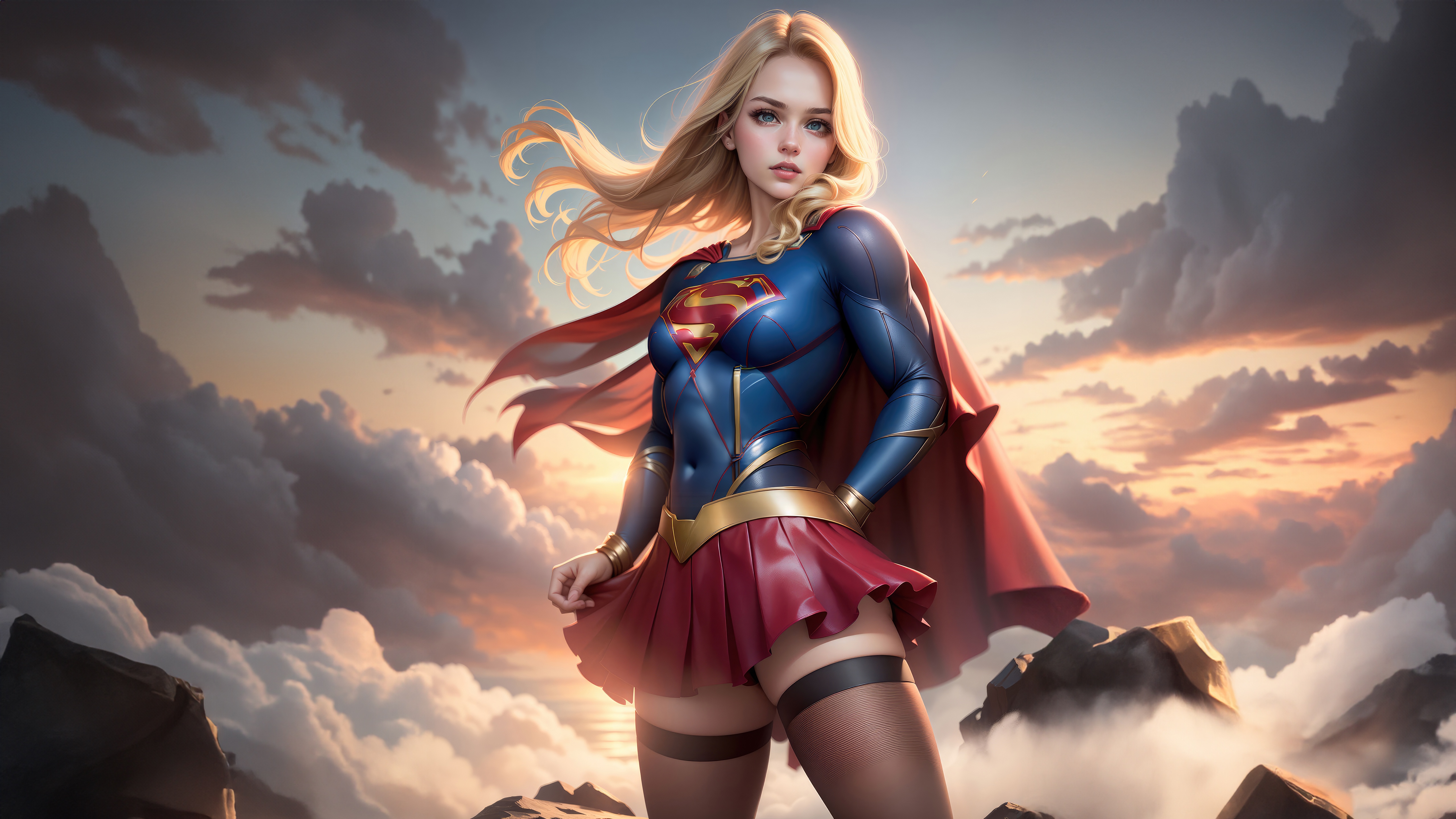 Supergirl standing on rocks with clouds in the background HD Wallpaper