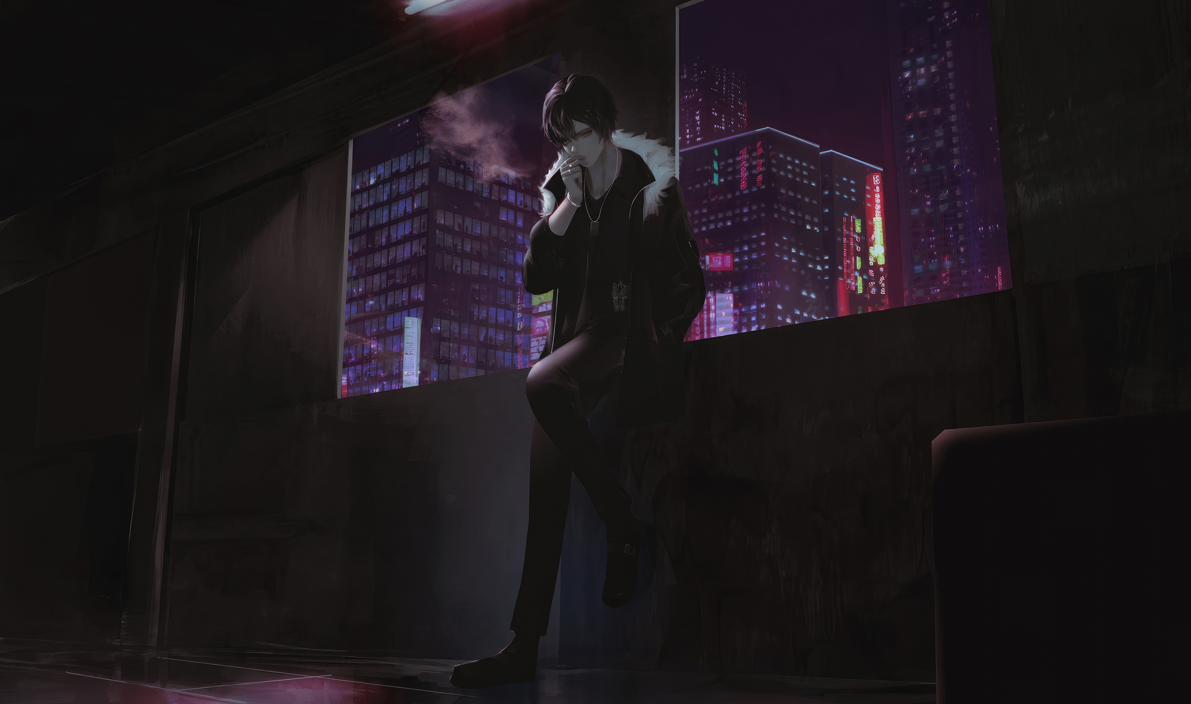 Man smoking in front of a city skyline at night HD Wallpaper
