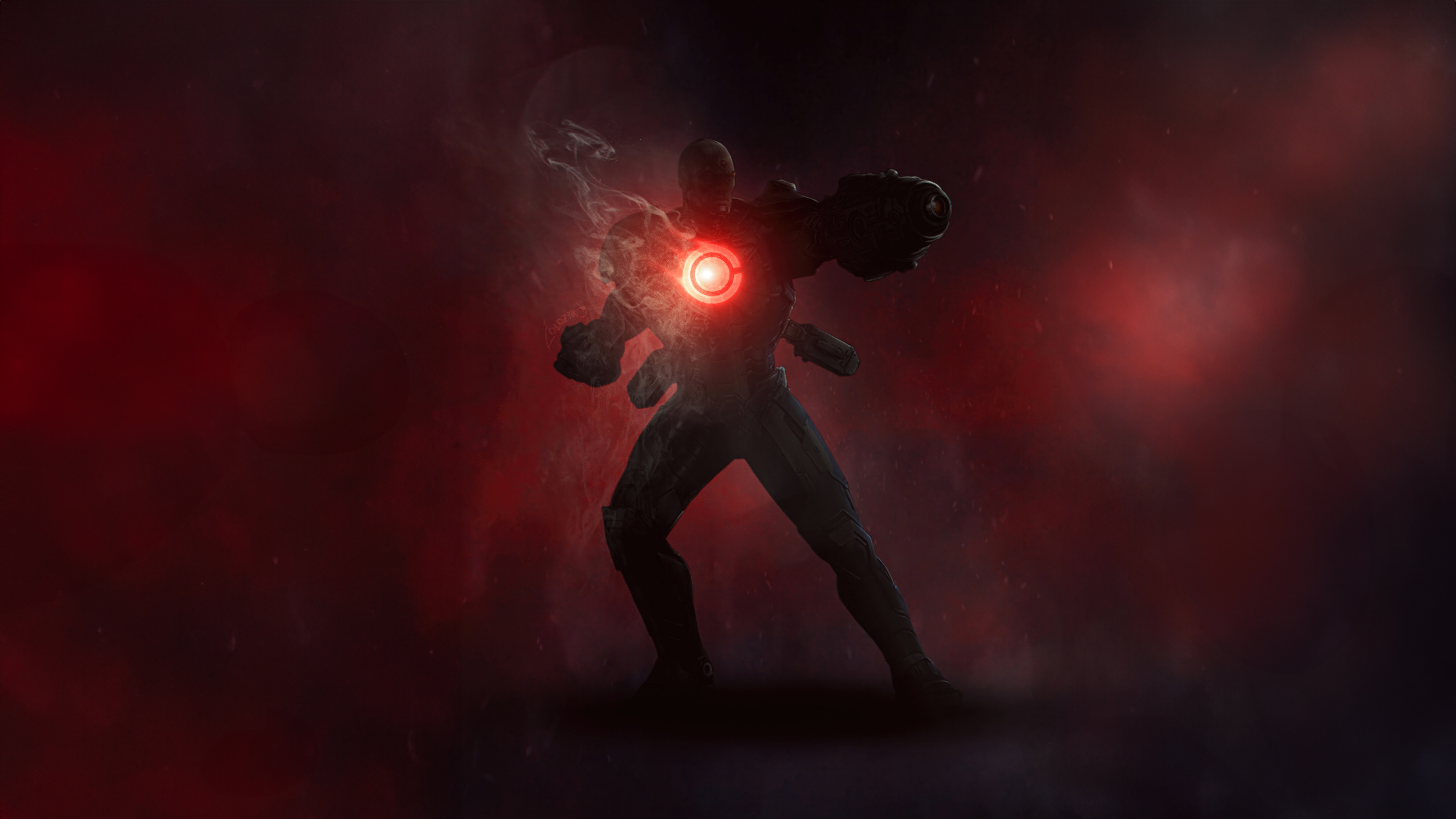 Cyborg with red glowing chest and weapon HD Wallpaper