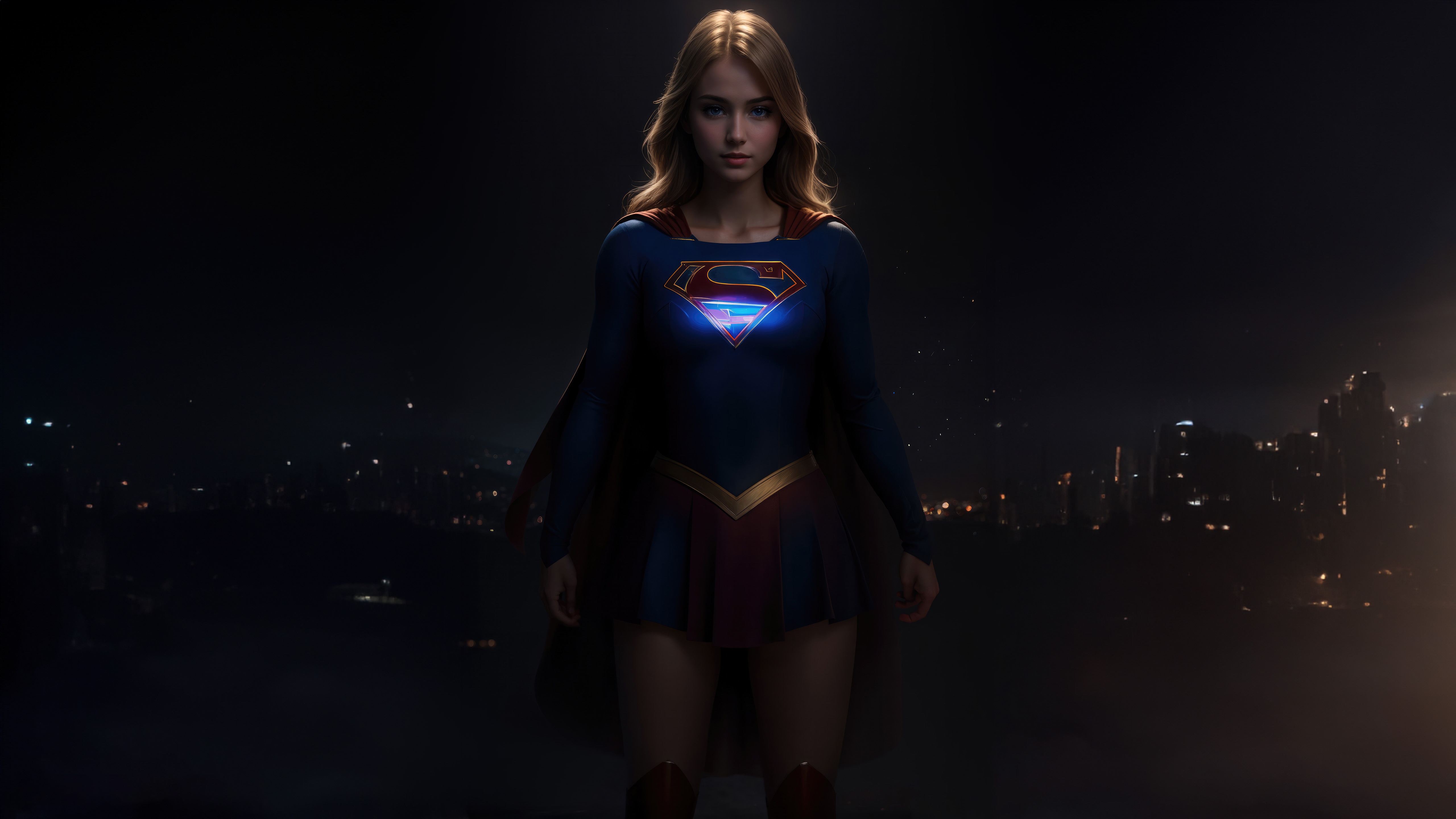Supergirl standing in front of a city at night HD Wallpaper