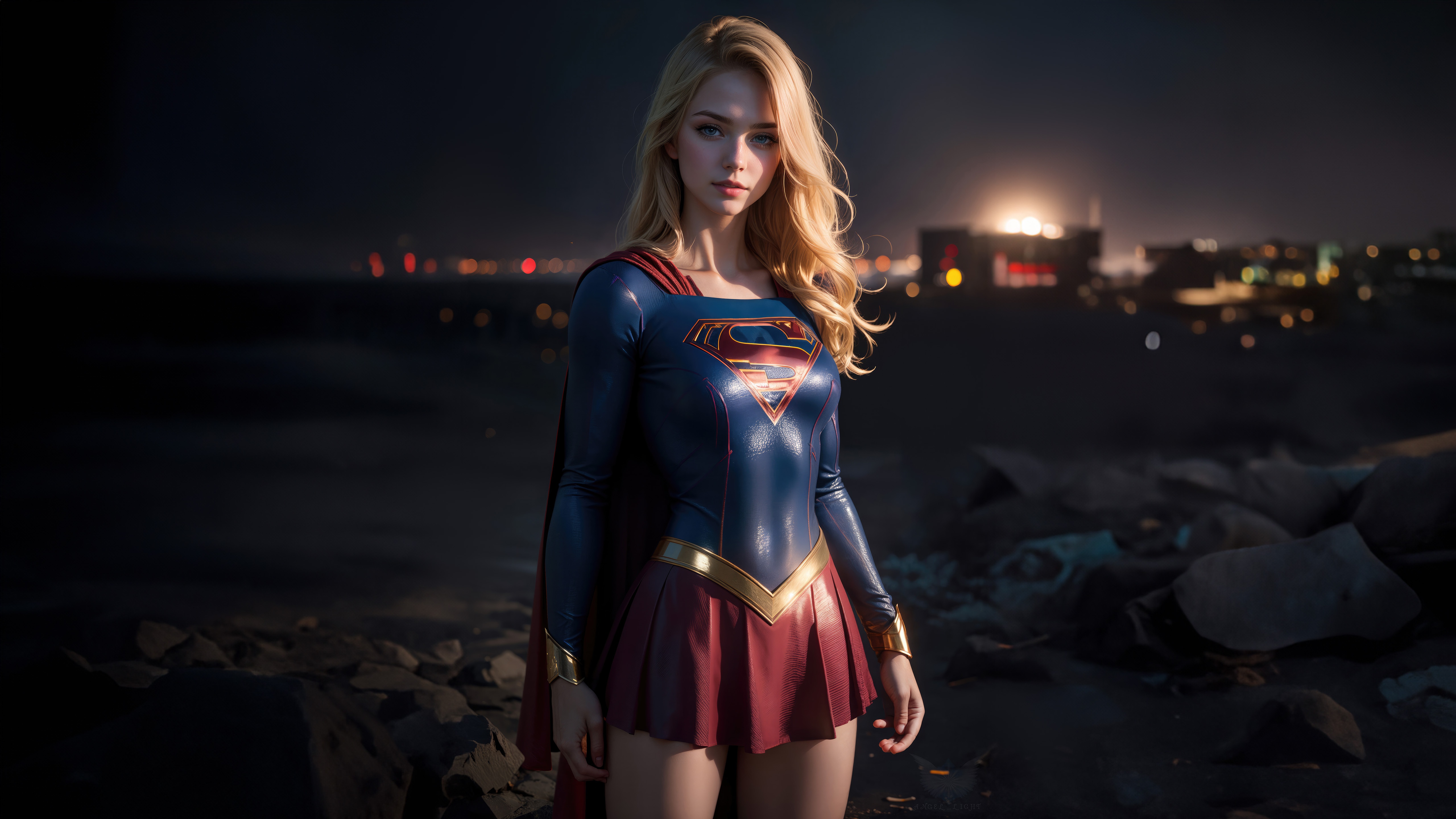 Supergirl standing on rocks at night HD Wallpaper