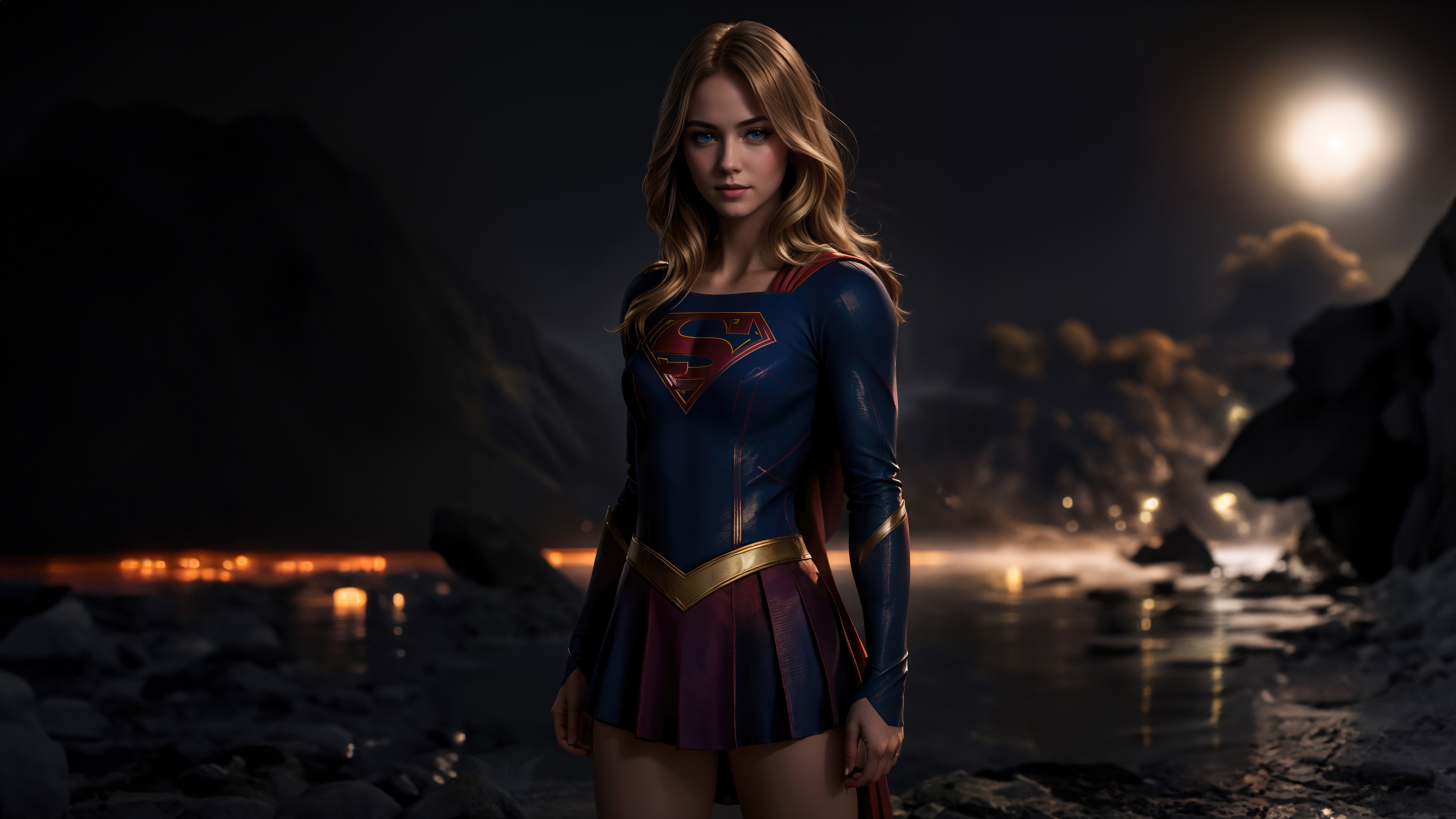 Supergirl standing in a dark, rocky landscape at night HD Wallpaper