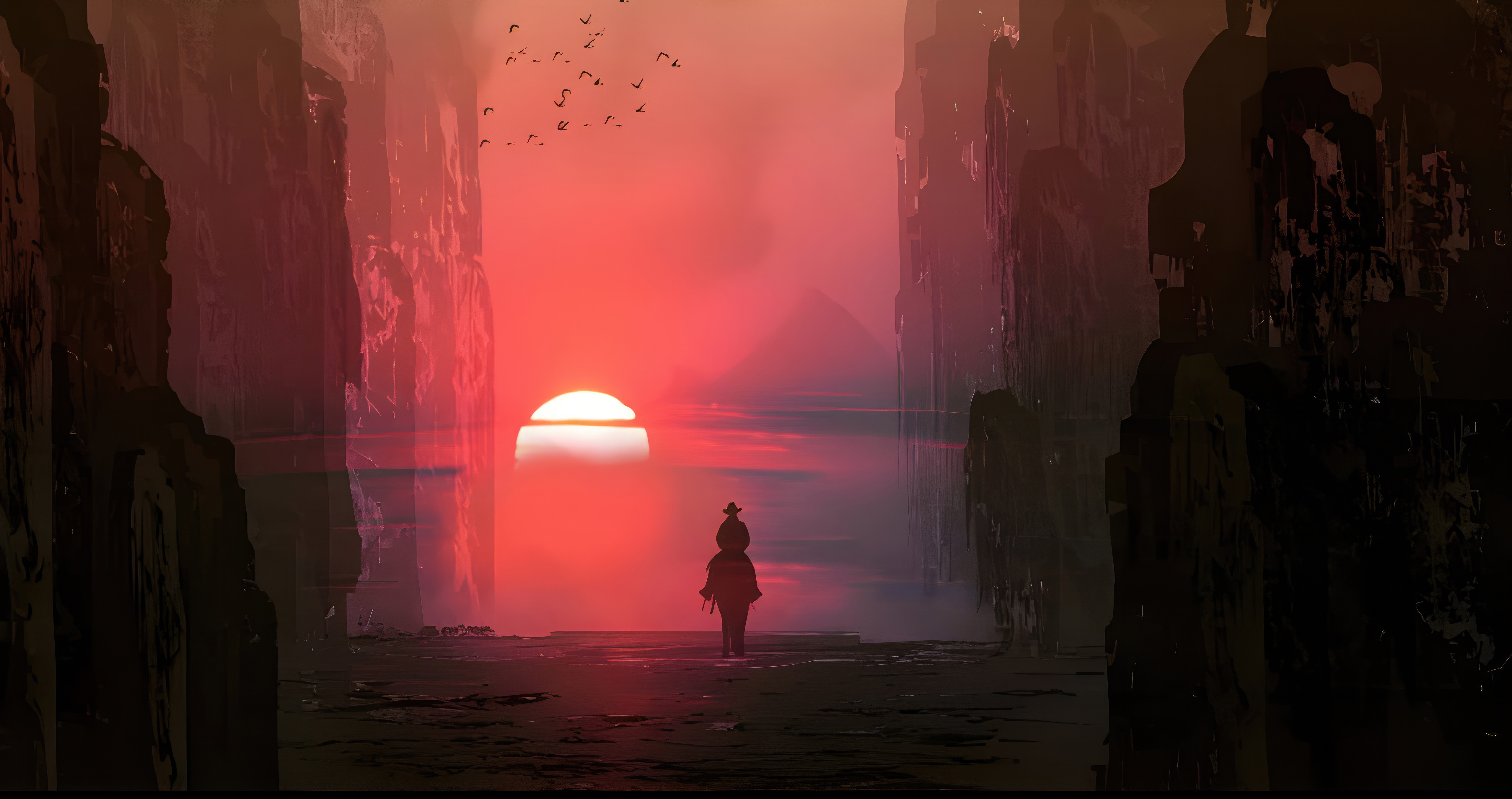 A lone figure rides towards a vibrant sunset between canyon walls. HD Wallpaper