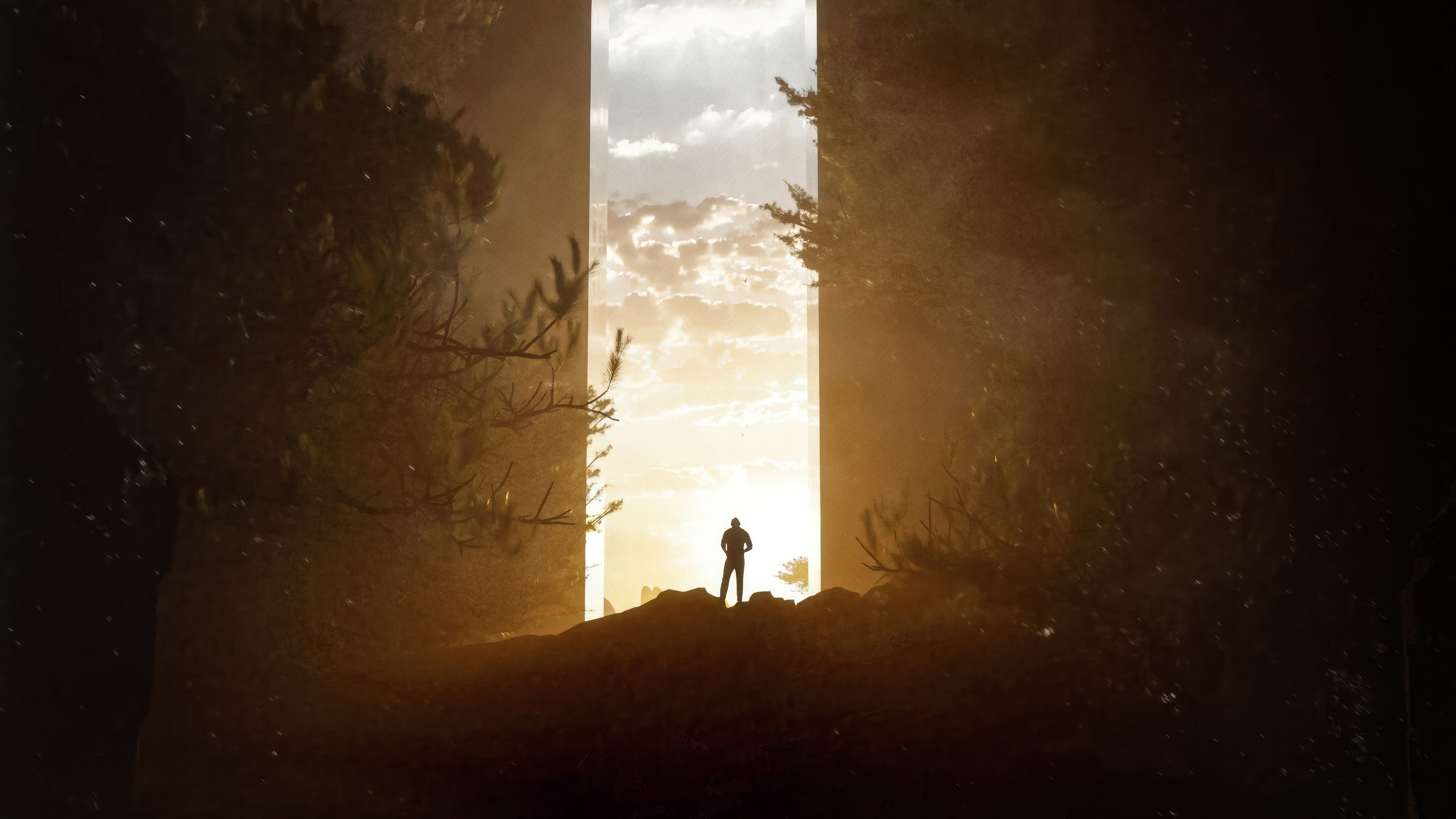 Man standing on a hill looking at a portal HD Wallpaper