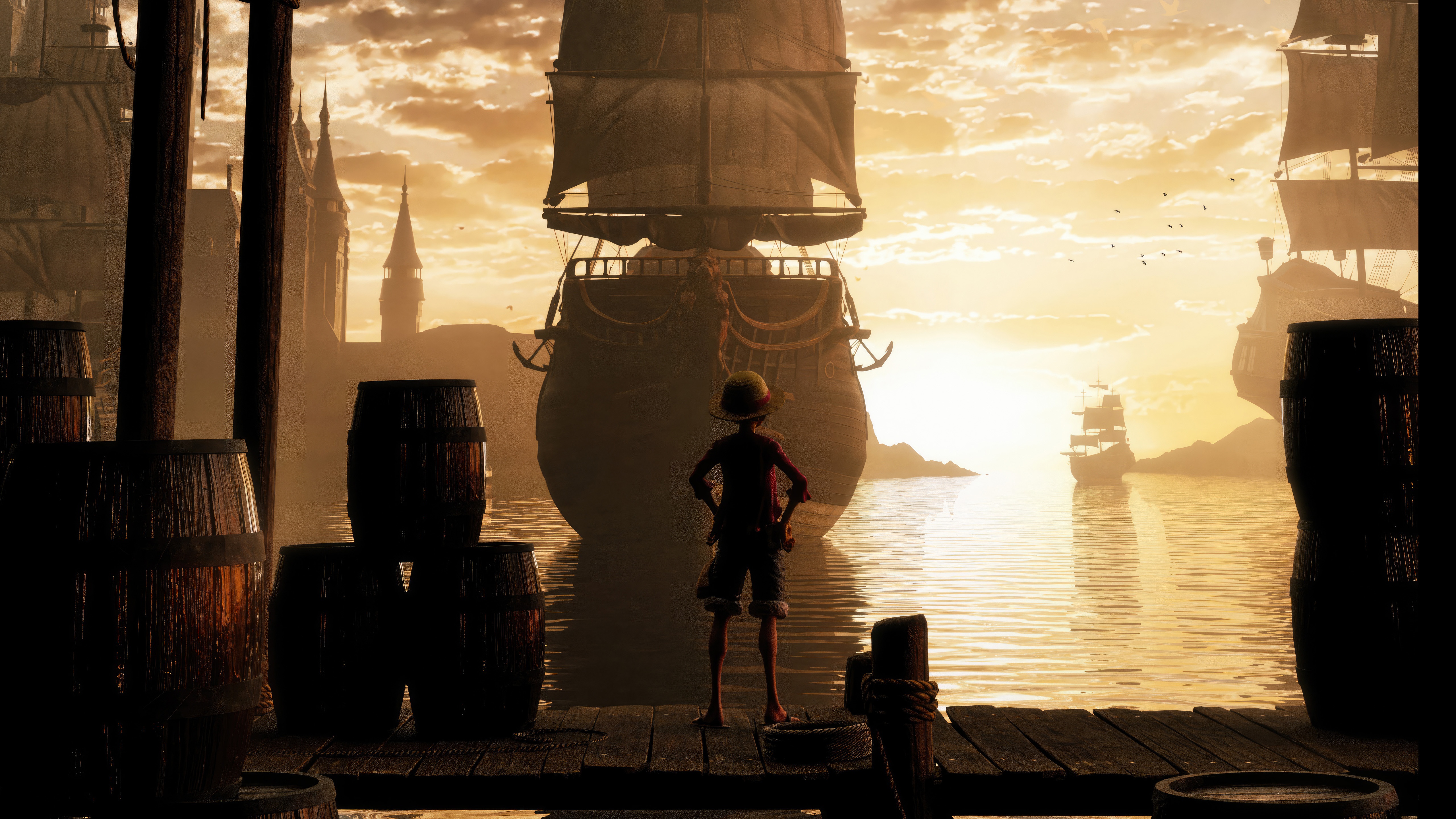 Monkey D. Luffy in front of a large ship HD Wallpaper