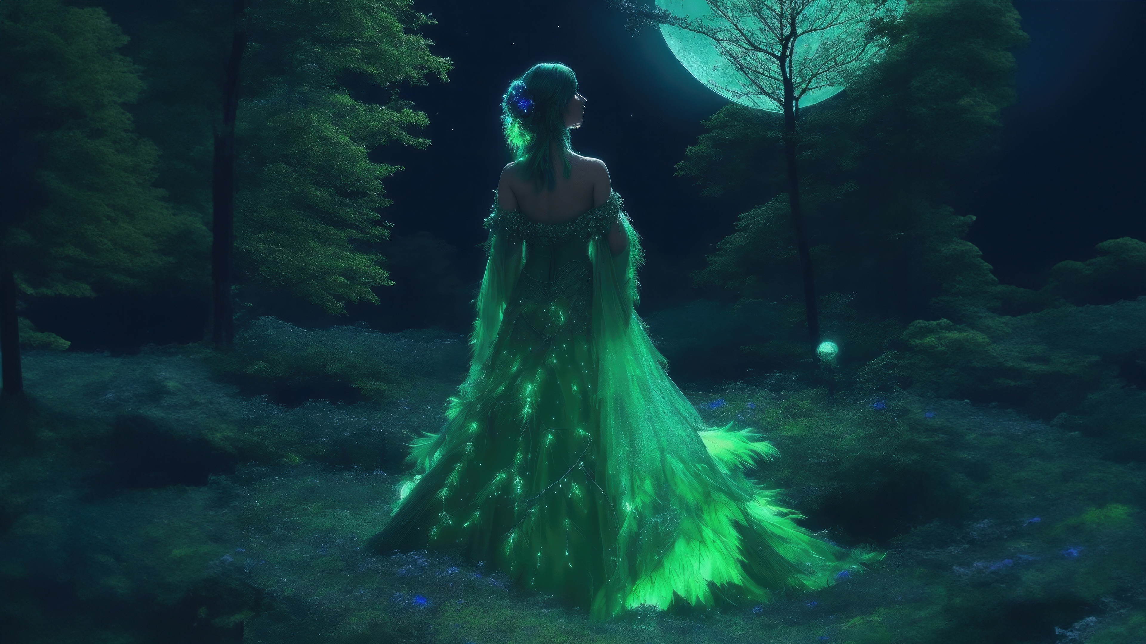 Woman in glowing green dress in moonlit forest HD Wallpaper