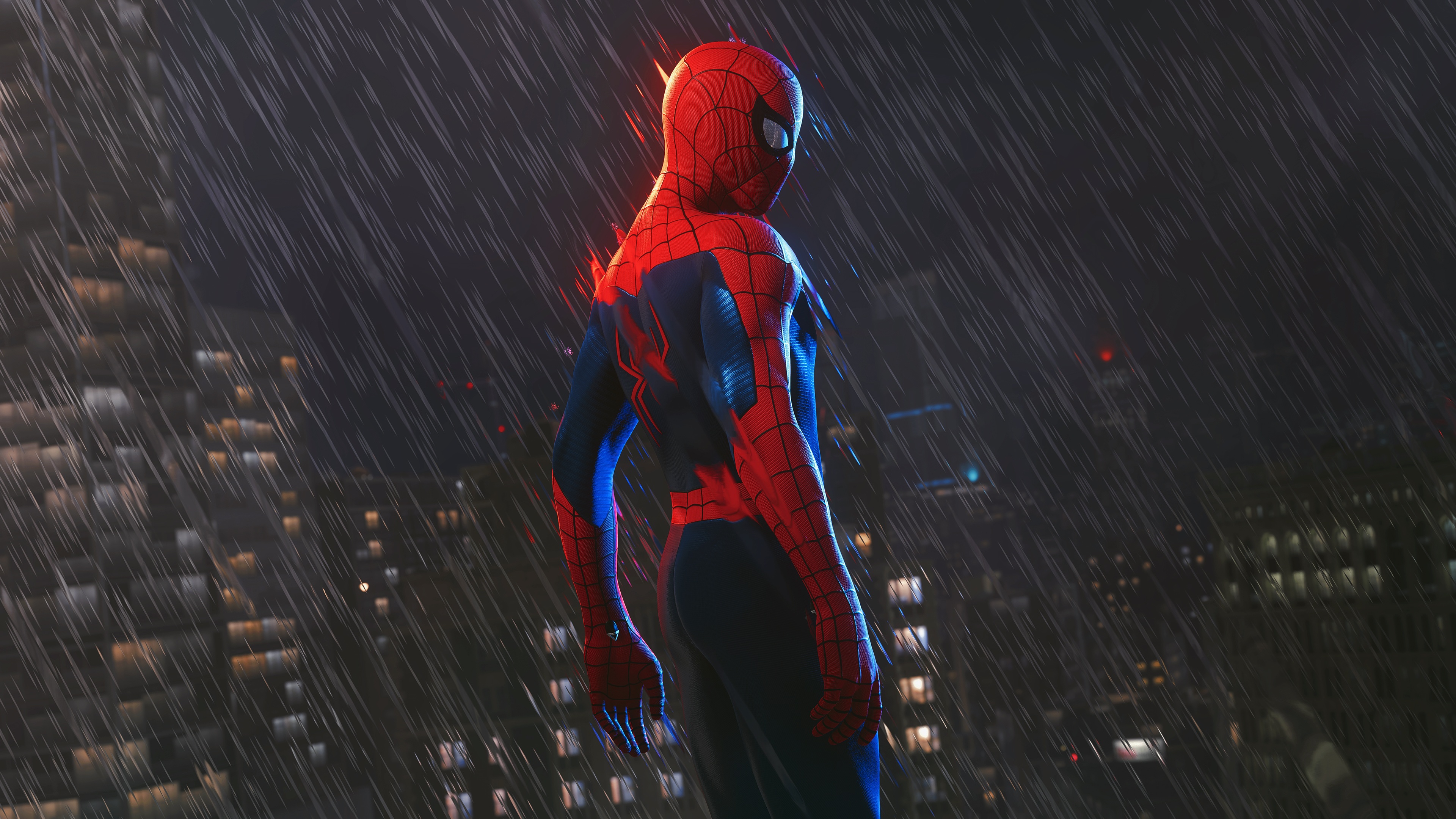 Spider-Man standing in the rain at night HD Wallpaper