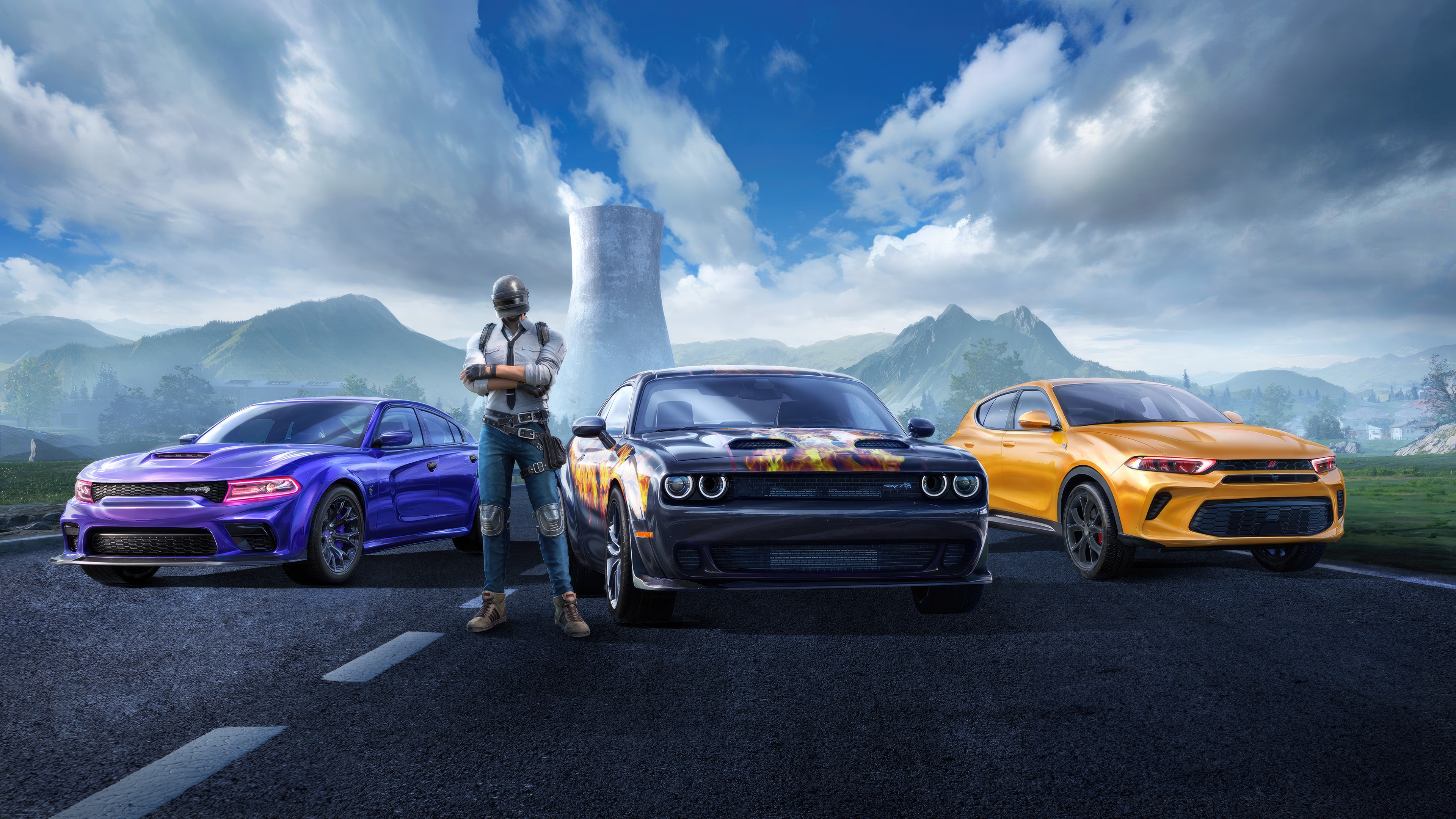 PUBG Mobile x Dodge Collaboration with Cars and Character HD Wallpaper