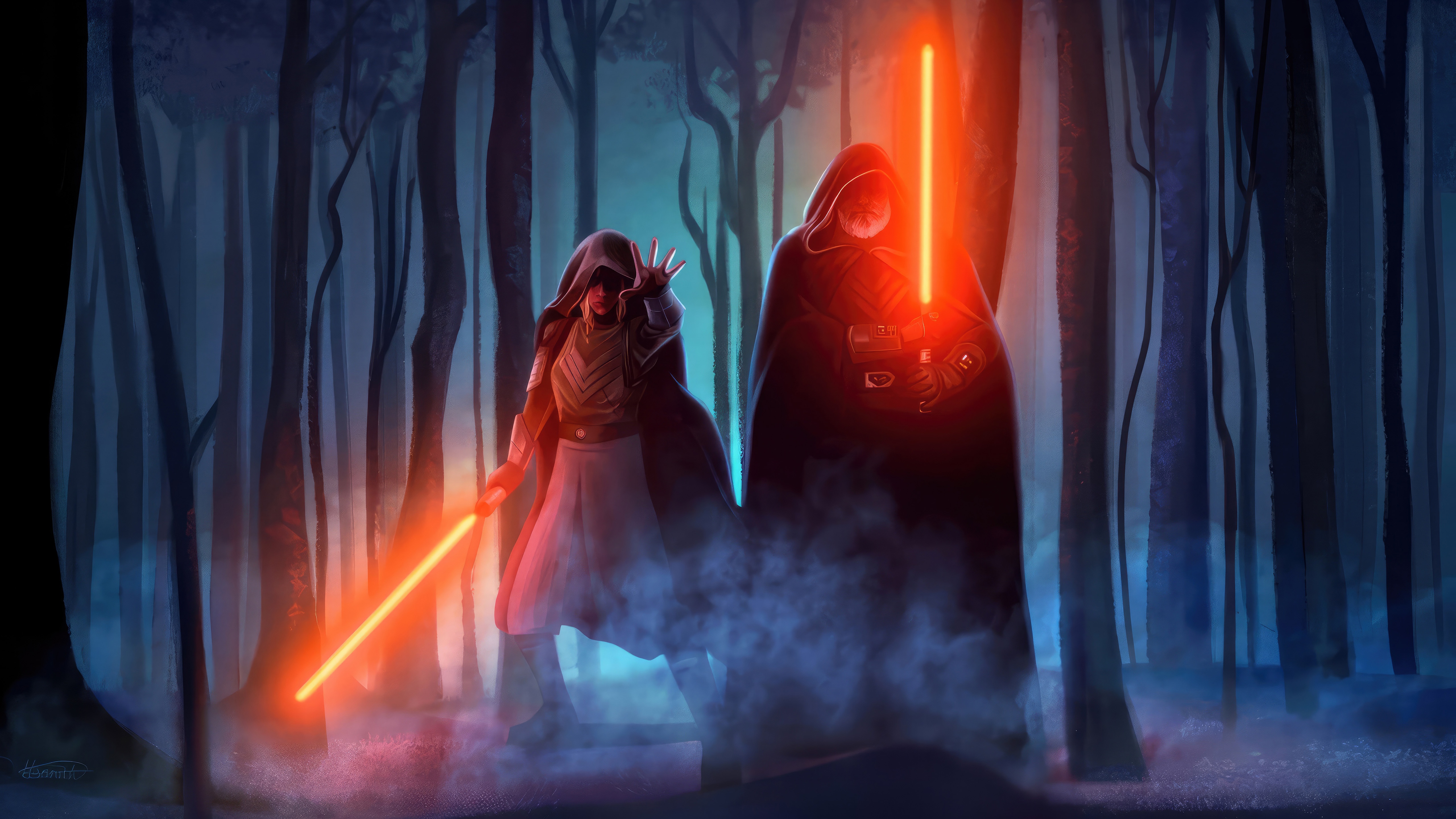 Two Sith Lords with lightsabers in a forest HD Wallpaper