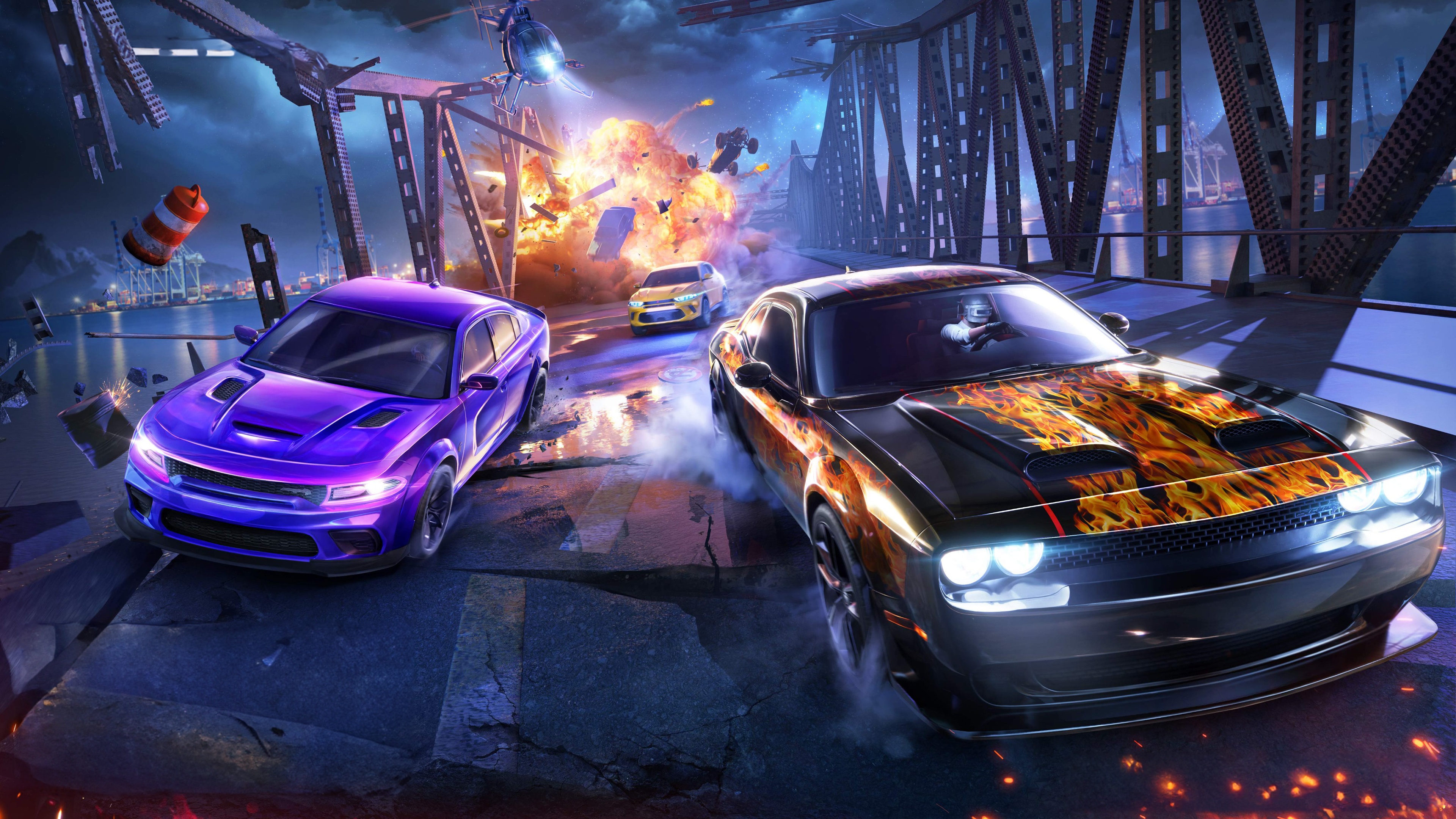 Dodge cars racing on a bridge with explosions HD Wallpaper