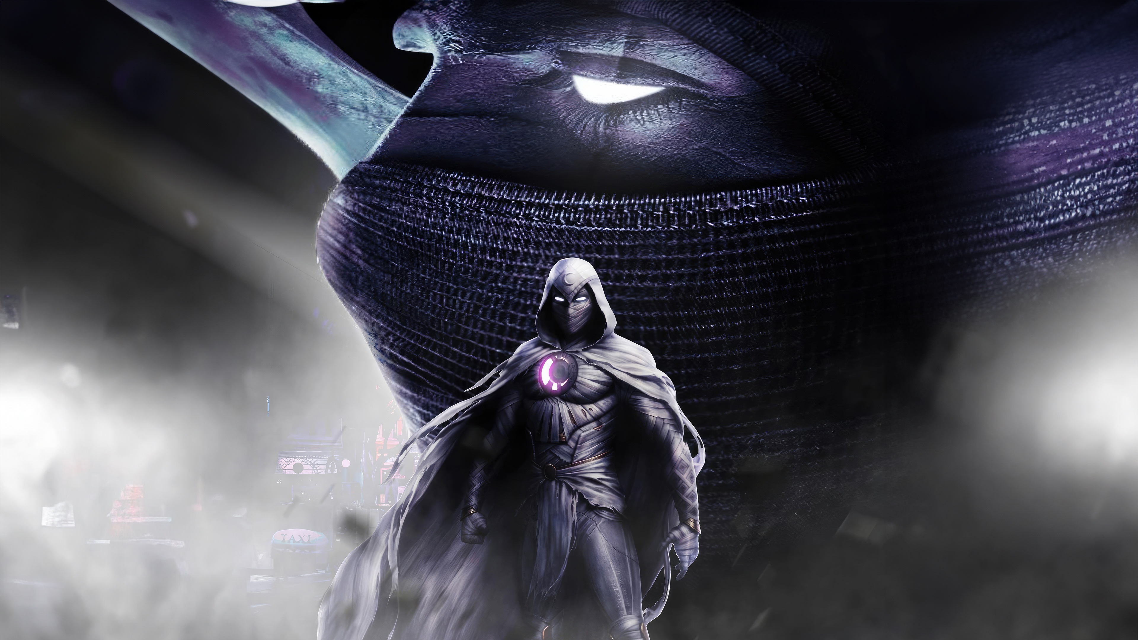 Moon Knight and a Giant Figure HD Wallpaper