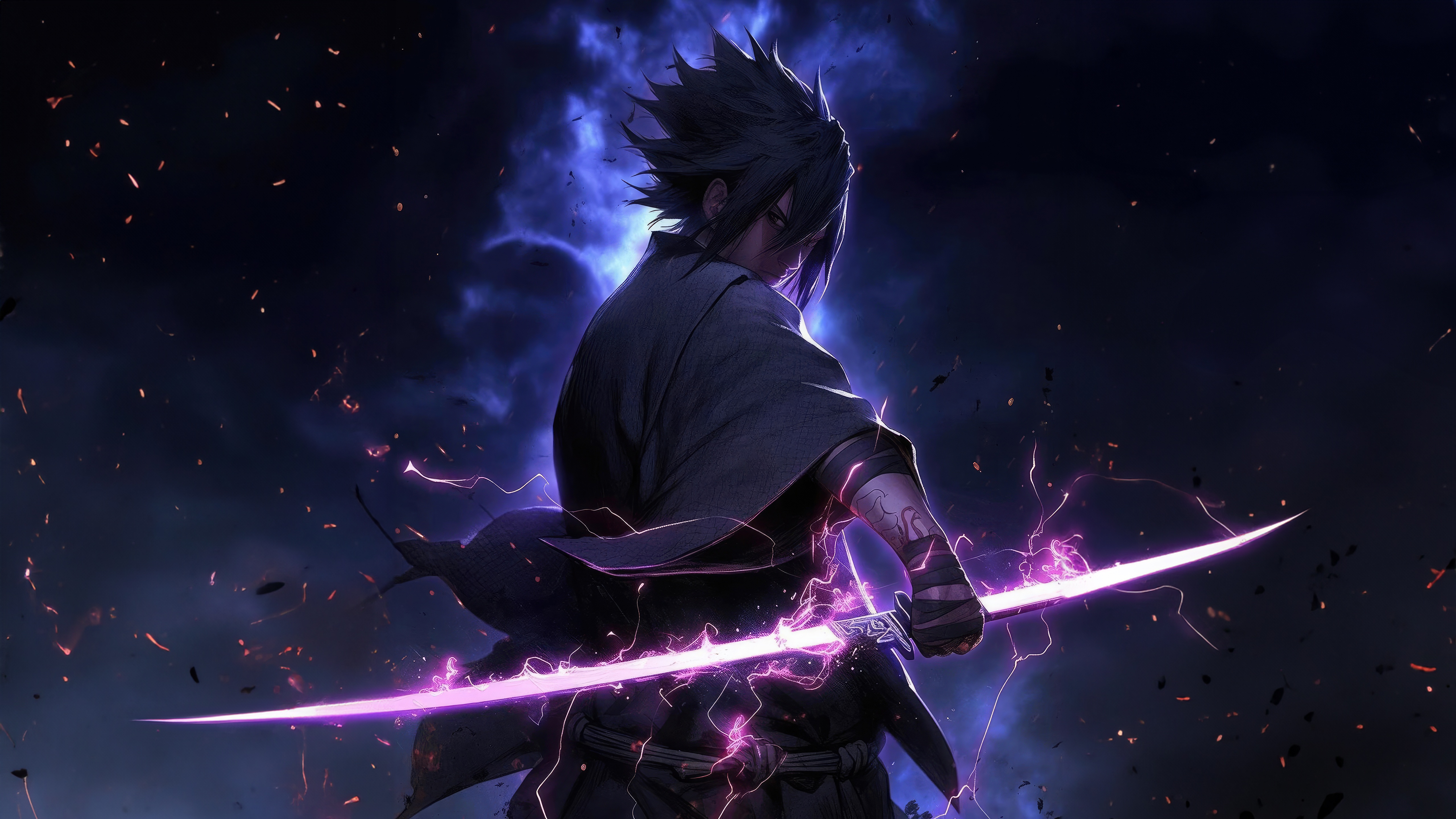 Sasuke Uchiha with a glowing purple sword HD Wallpaper
