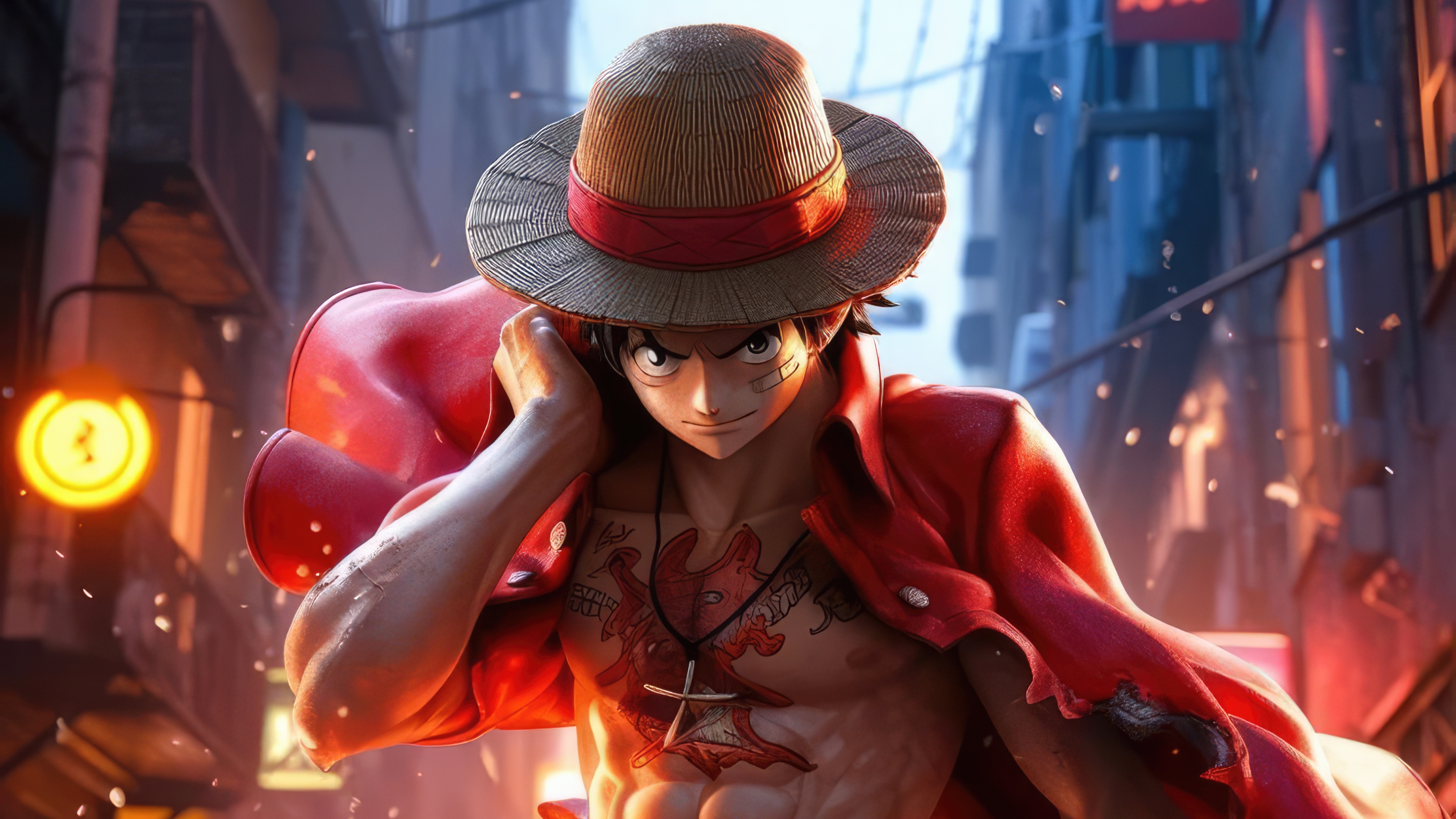 Monkey D. Luffy from One Piece in a city HD Wallpaper