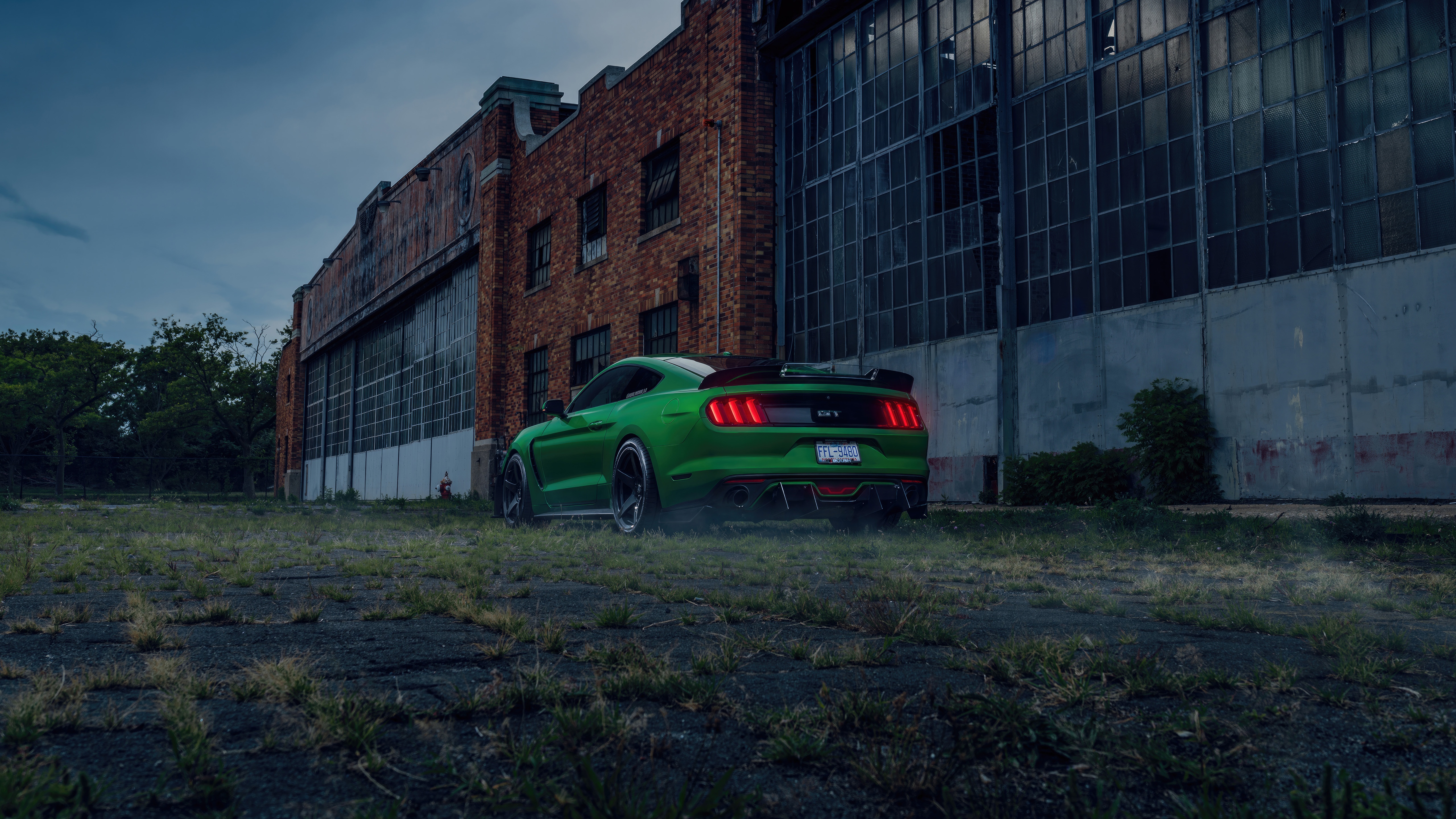 Green Ford Mustang GT350 parked near an old brick building HD Wallpaper