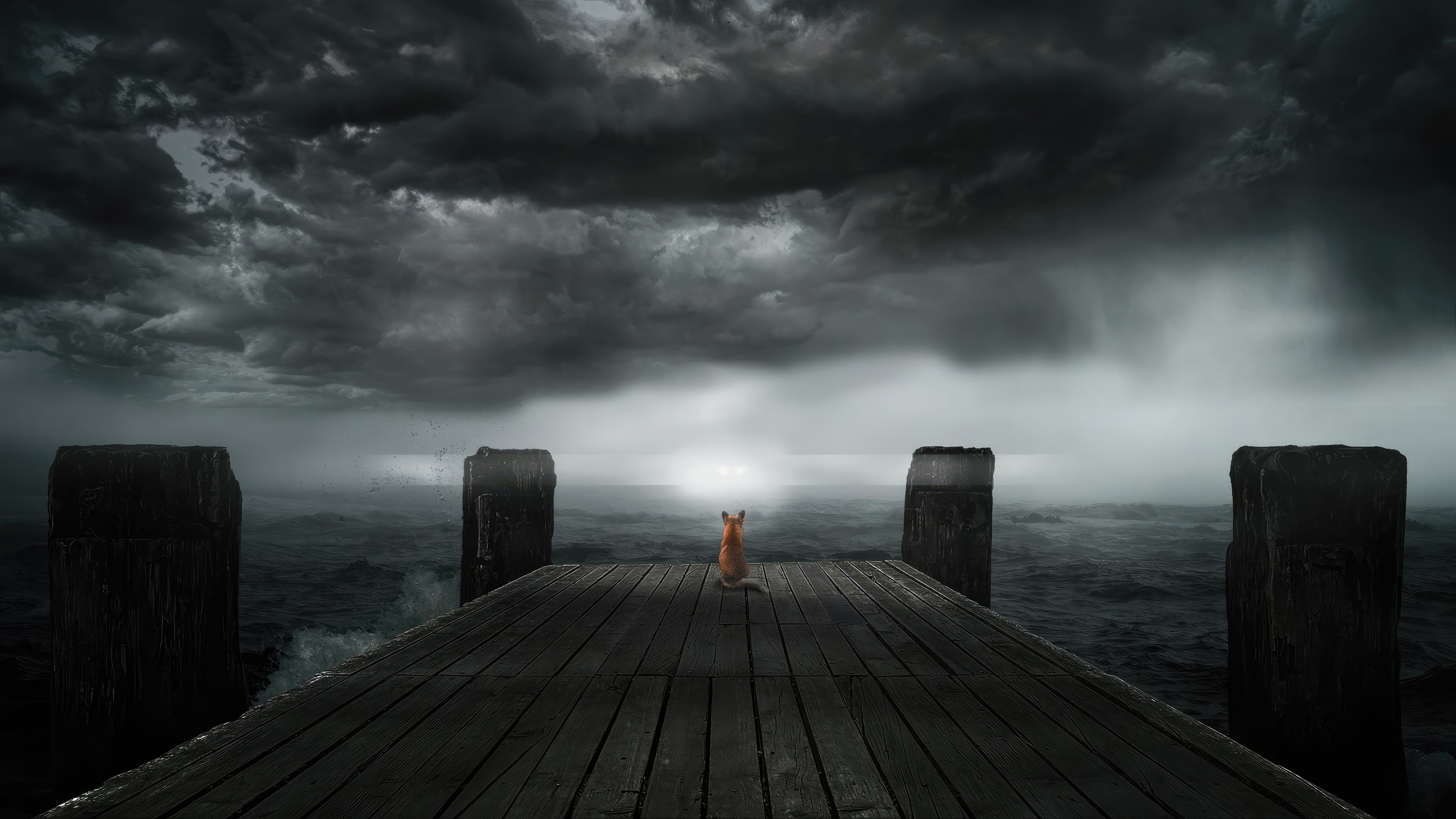 Fox on a pier during a storm HD Wallpaper