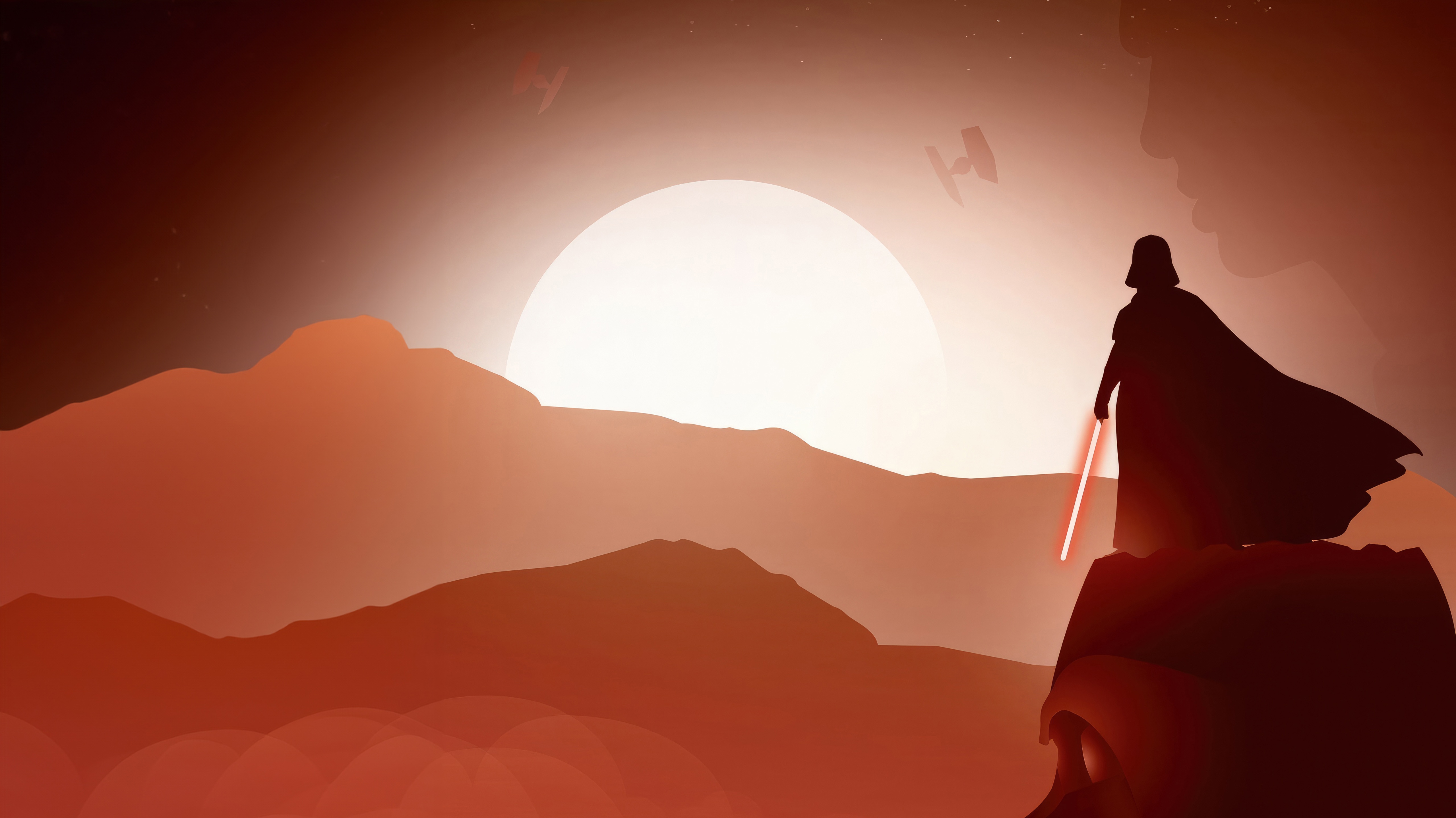 Darth Vader on a rocky planet with a large sun HD Wallpaper