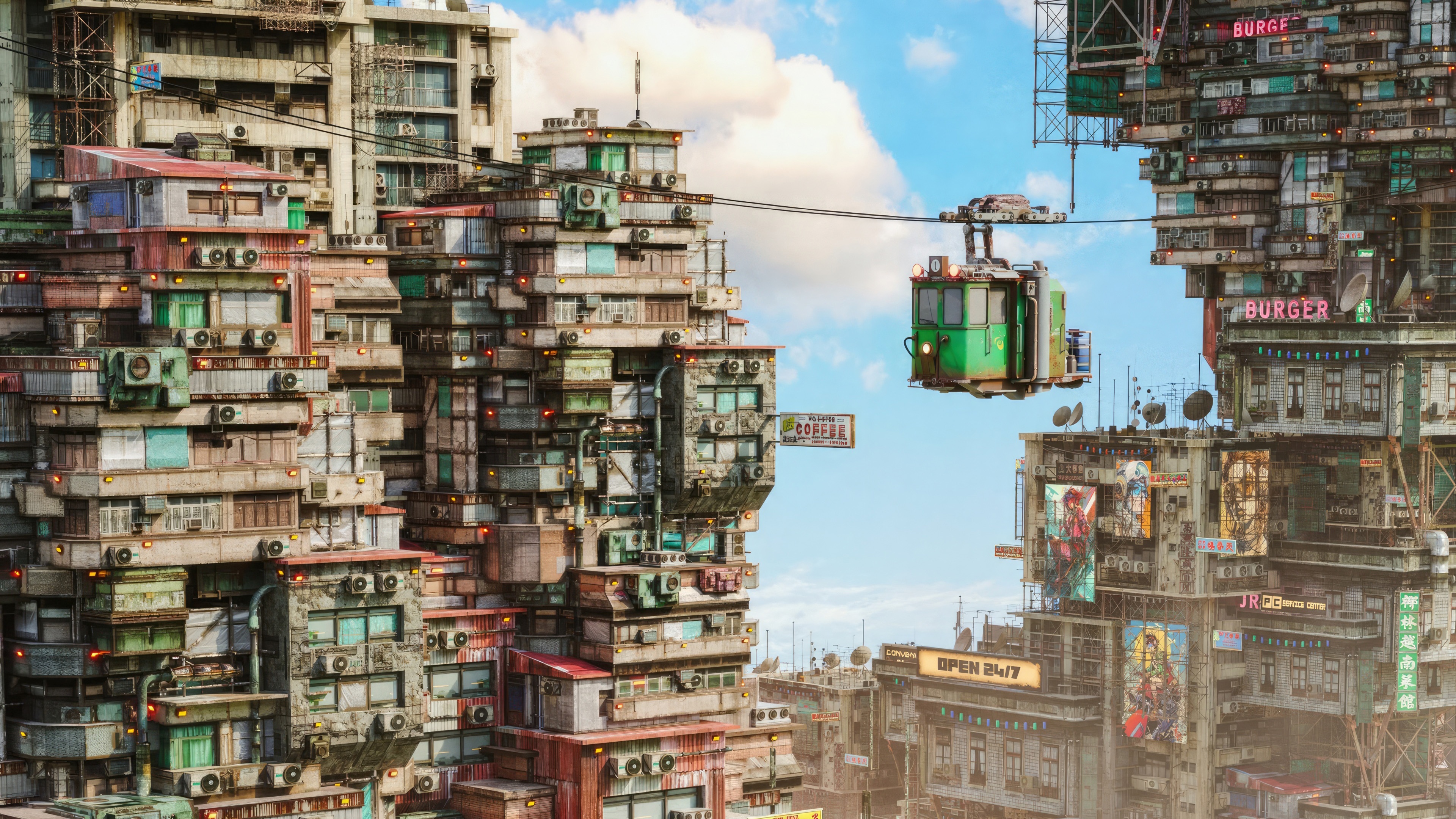 Dense, futuristic city with a cable car HD Wallpaper