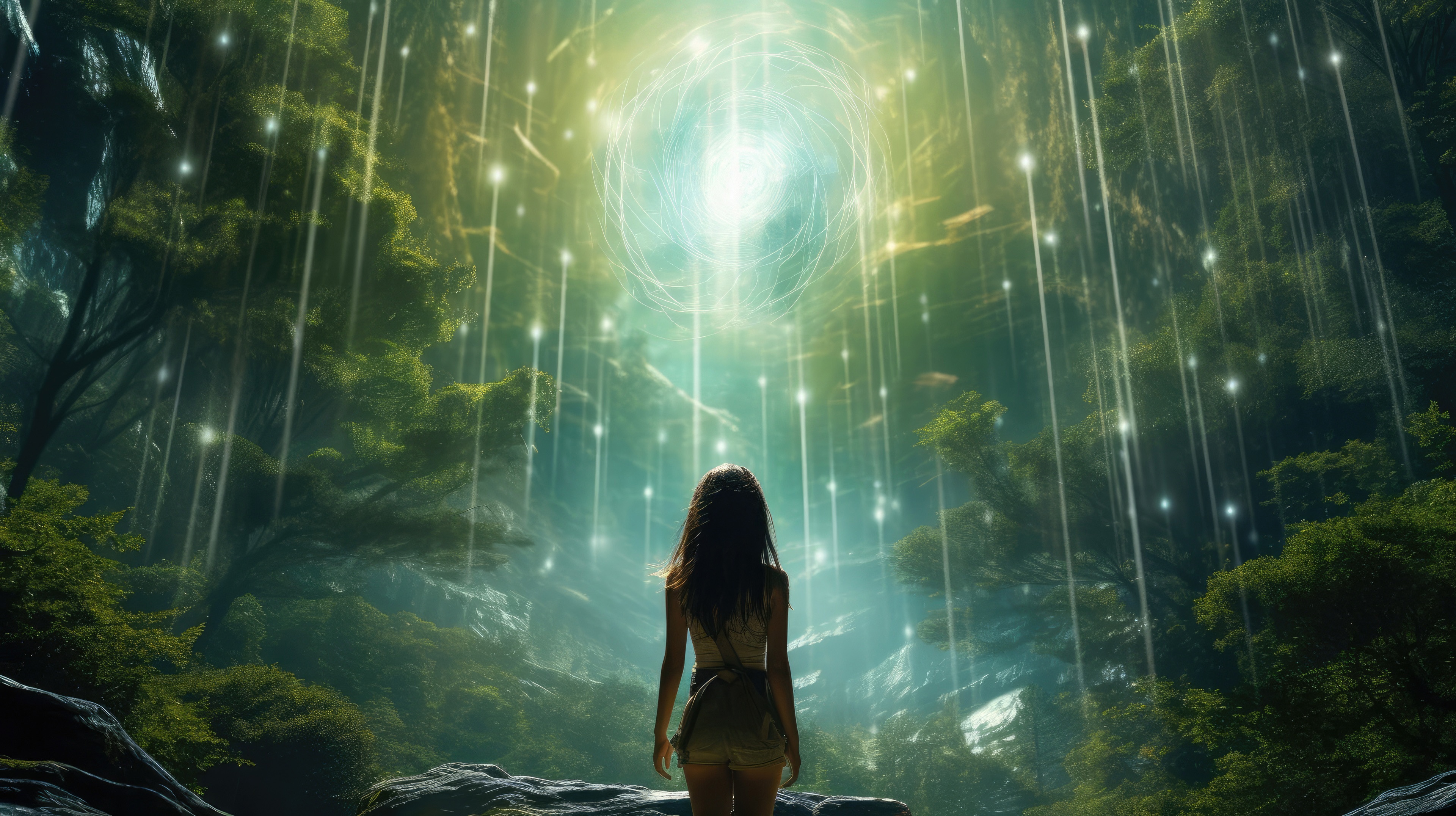 Woman in a mystical forest with glowing lights HD Wallpaper