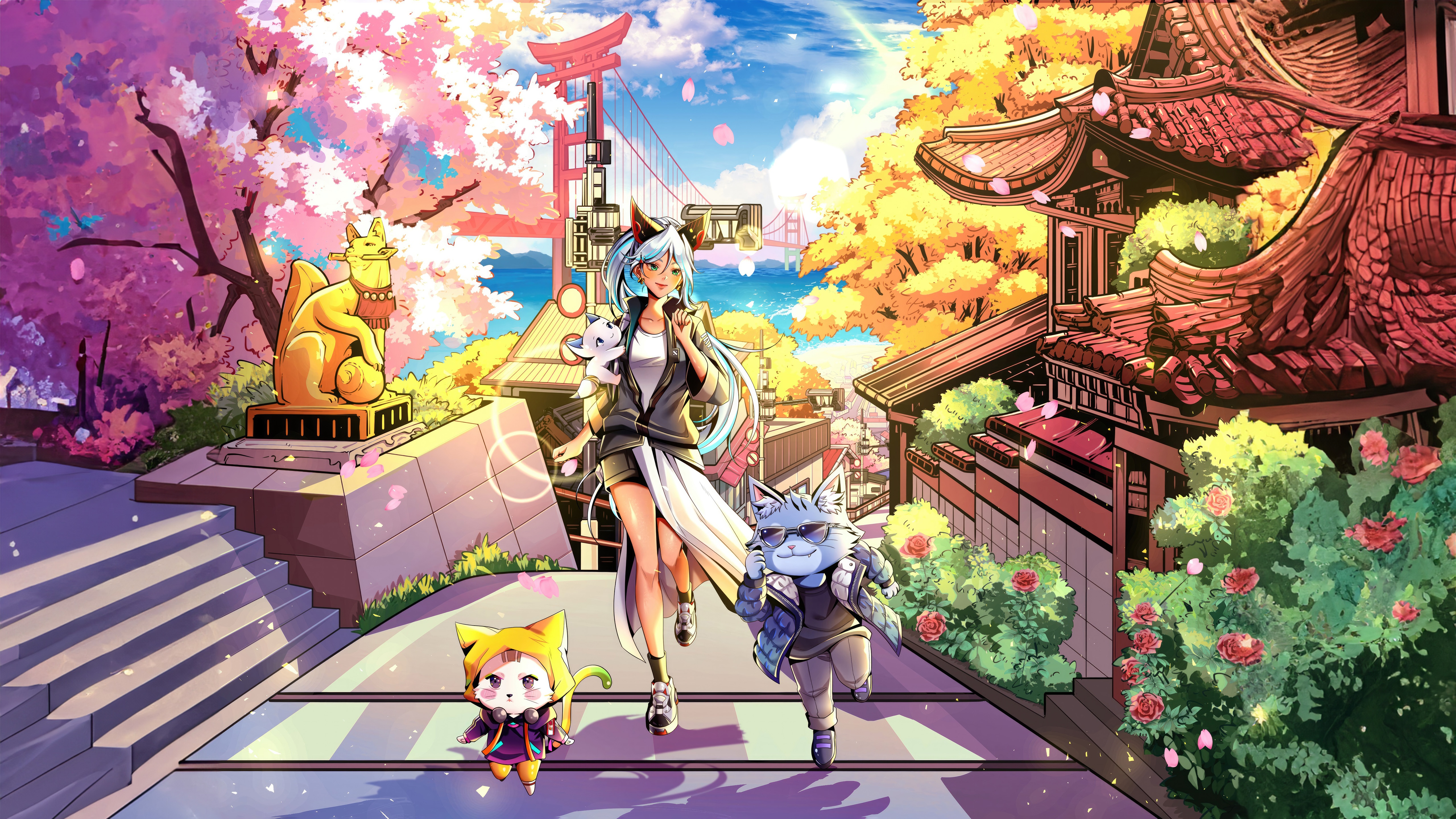 Anime characters in a Japanese town with cherry blossoms HD Wallpaper