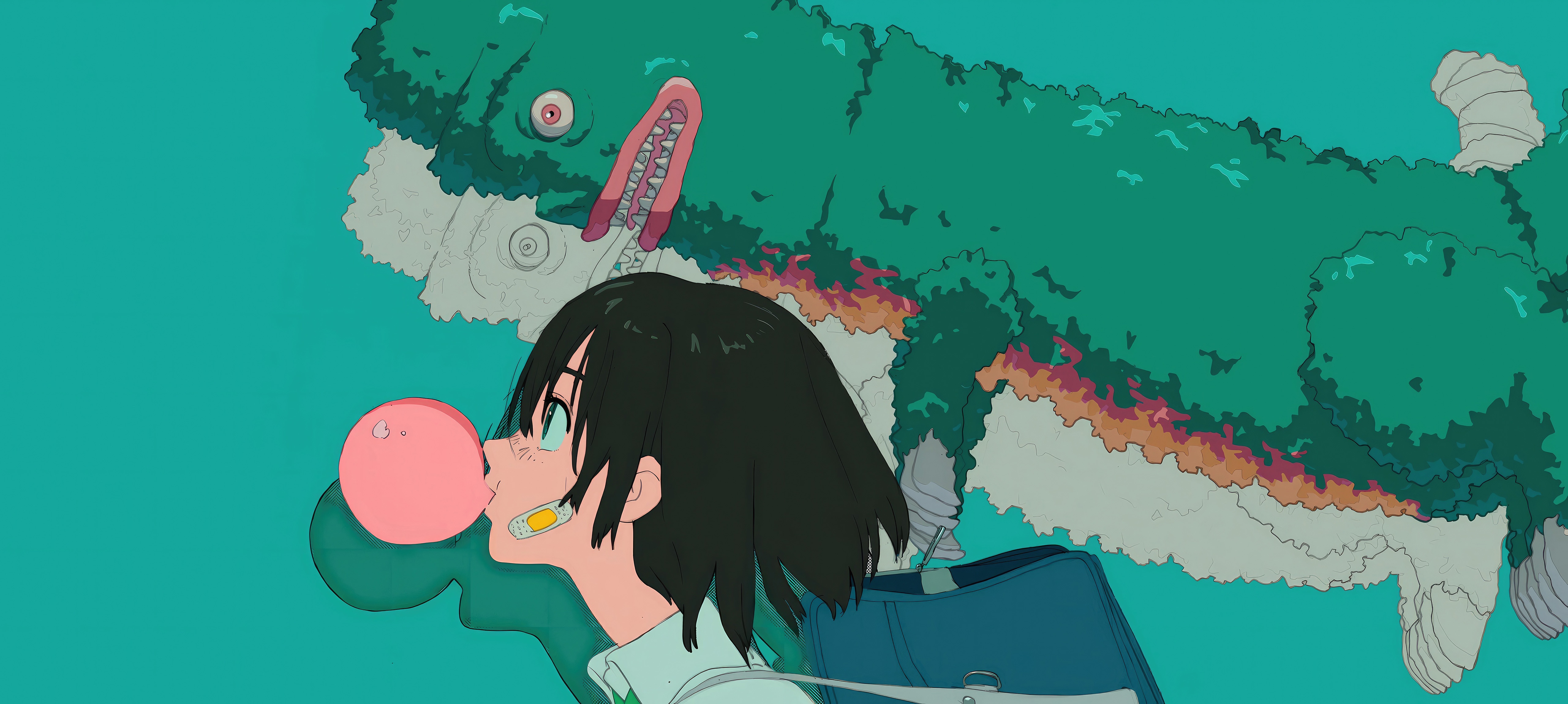 Anime girl with bubblegum and a green creature HD Wallpaper