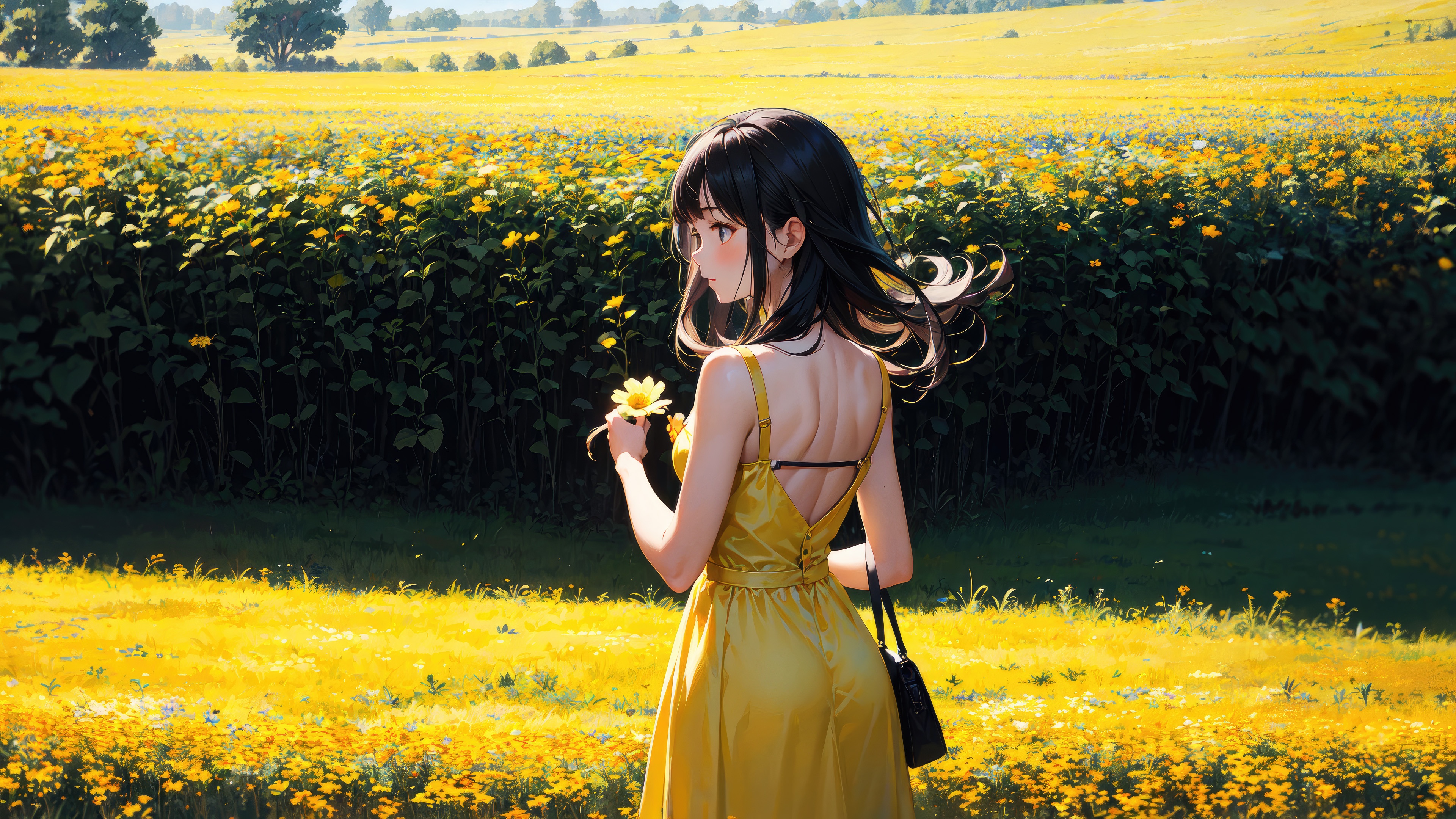 Anime Girl in Yellow Dress in Flower Field HD Wallpaper