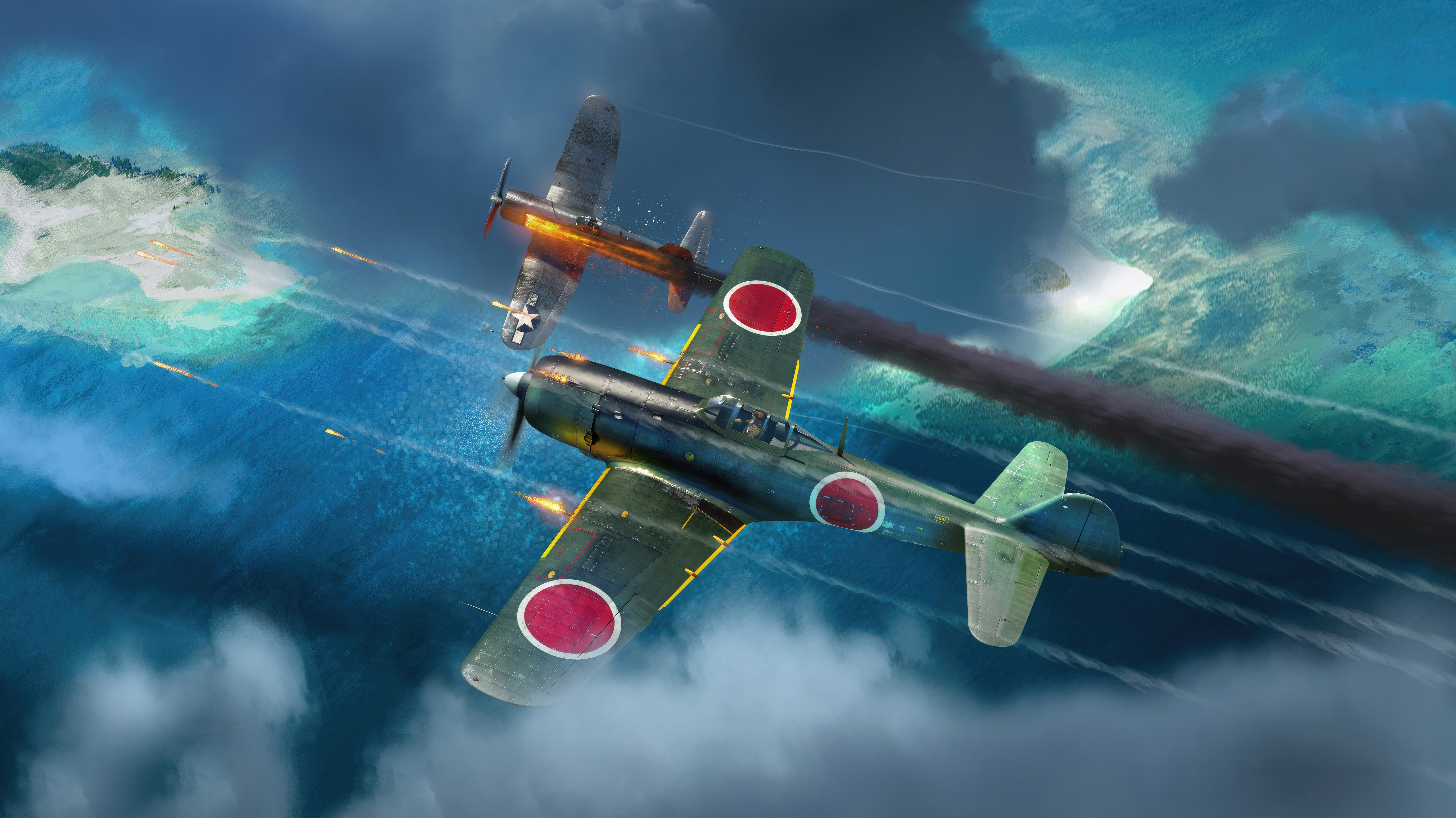 War Thunder aerial combat over islands HD Wallpaper