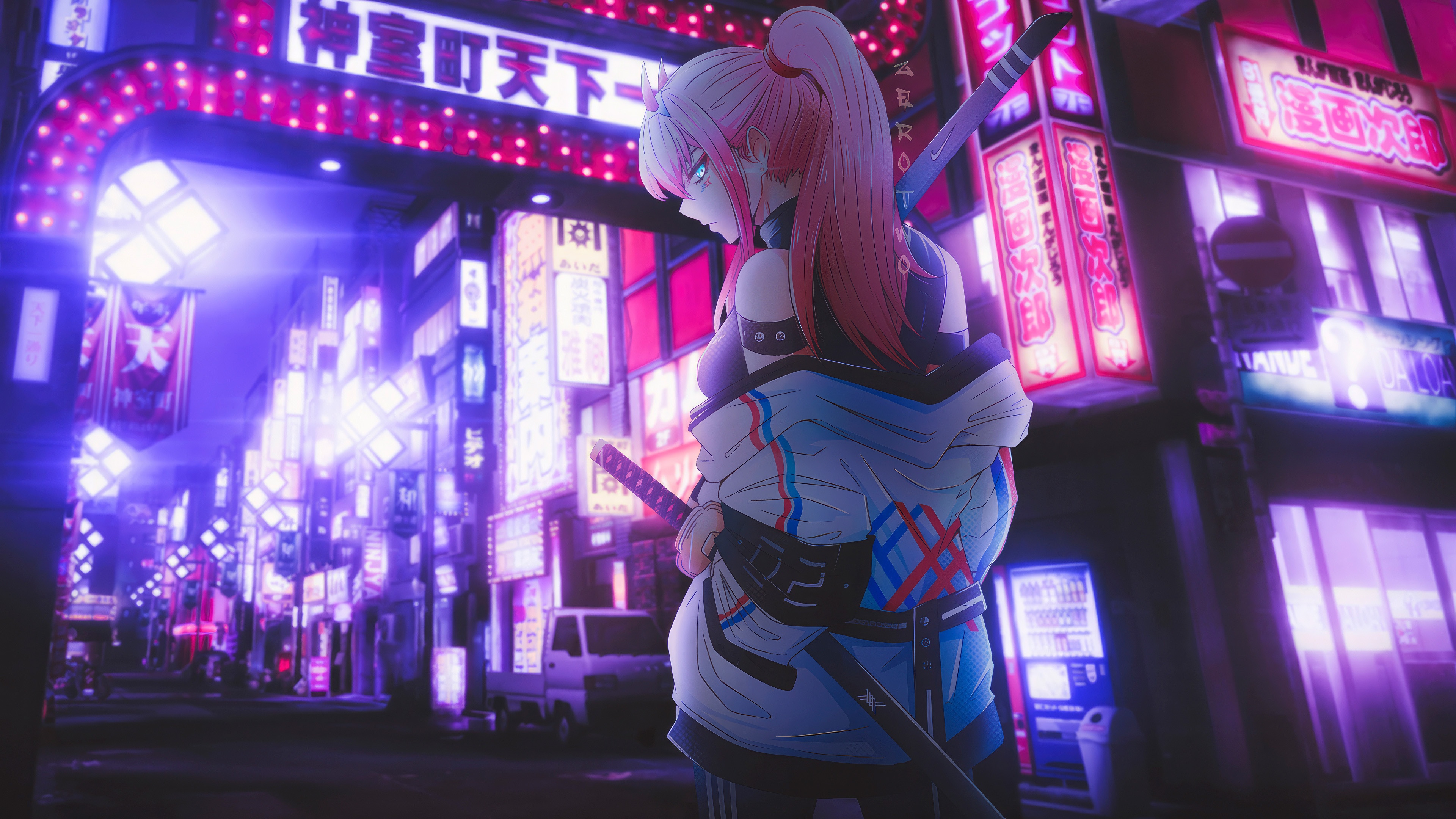 Zero Two from Darling in the Franxx in a neon city HD Wallpaper