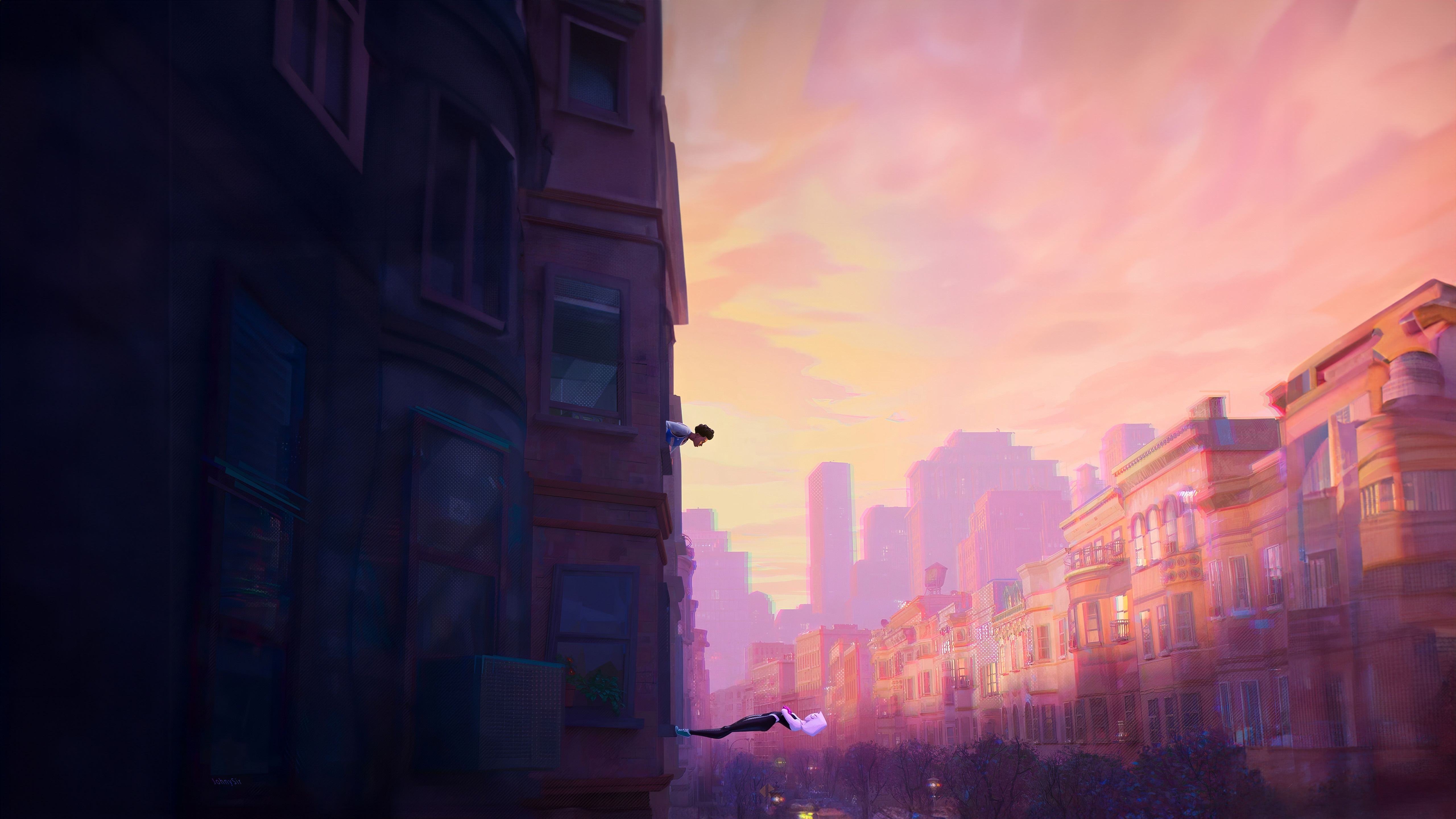 Gwen and Miles falling from buildings at sunset HD Wallpaper