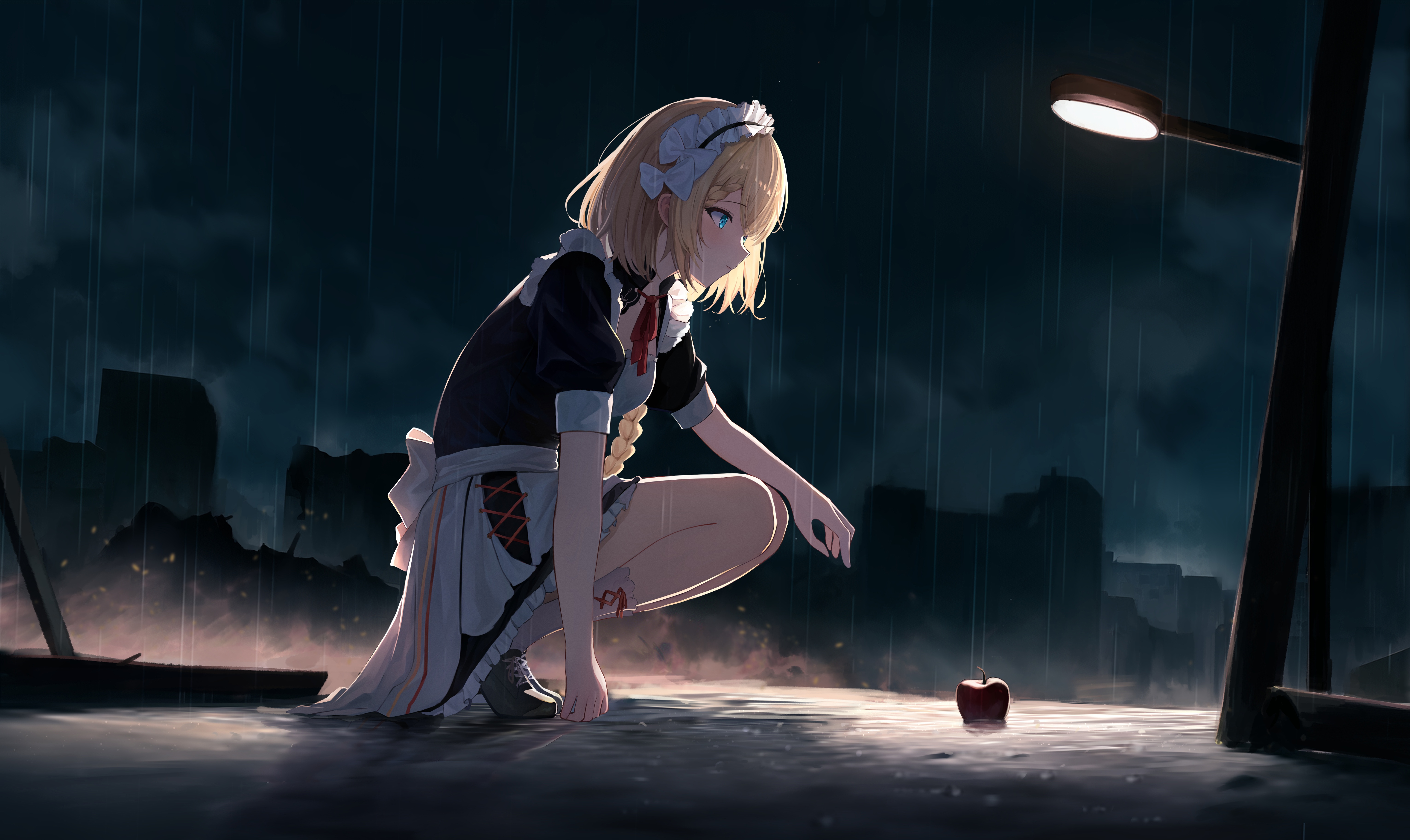 Anime Maid Girl Crouching in the Rain HD Wallpaper