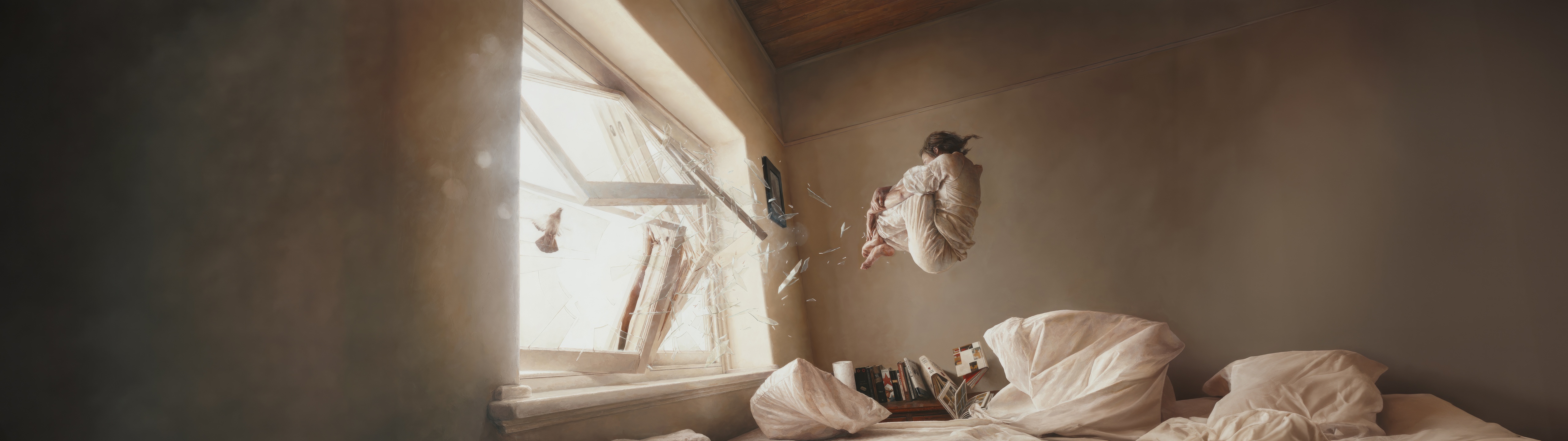 Shattered Freedom: A Woman Levitates Near a Broken Window HD Wallpaper