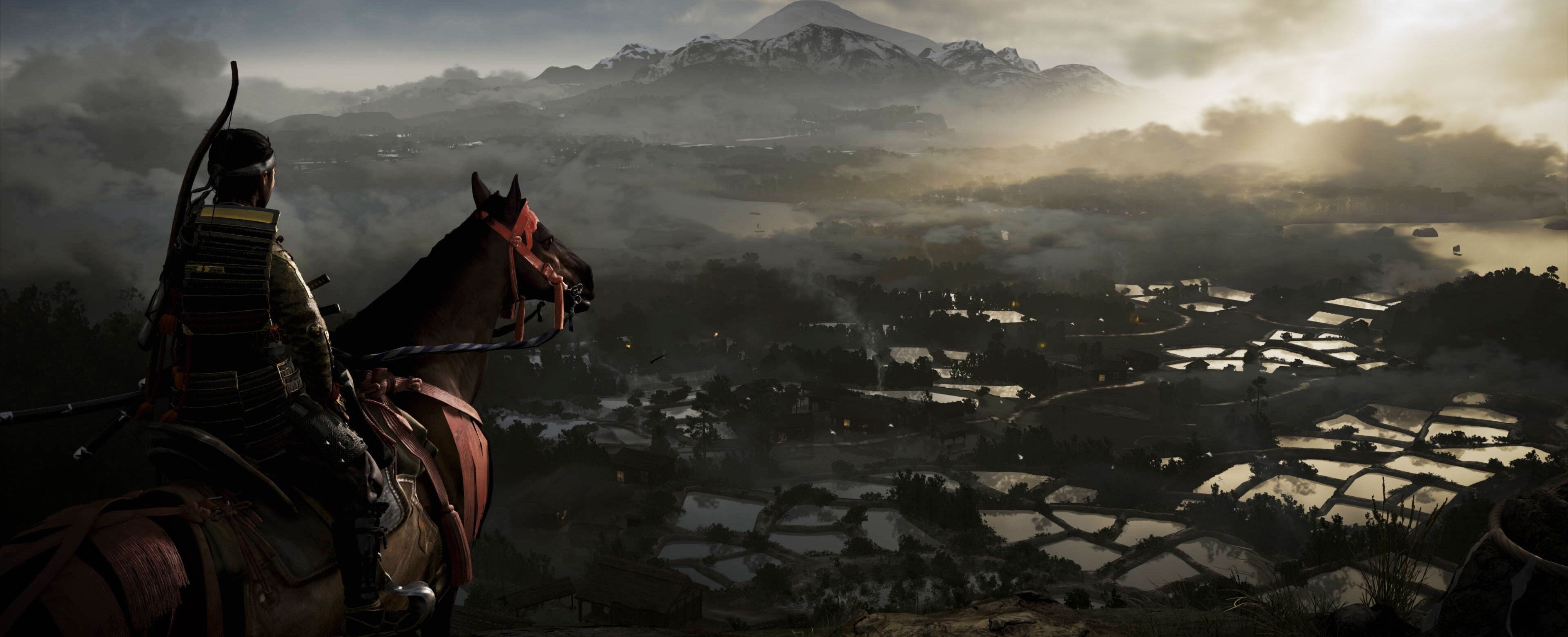 Samurai on Horseback overlooking Tsushima landscape 4K HD Wallpaper