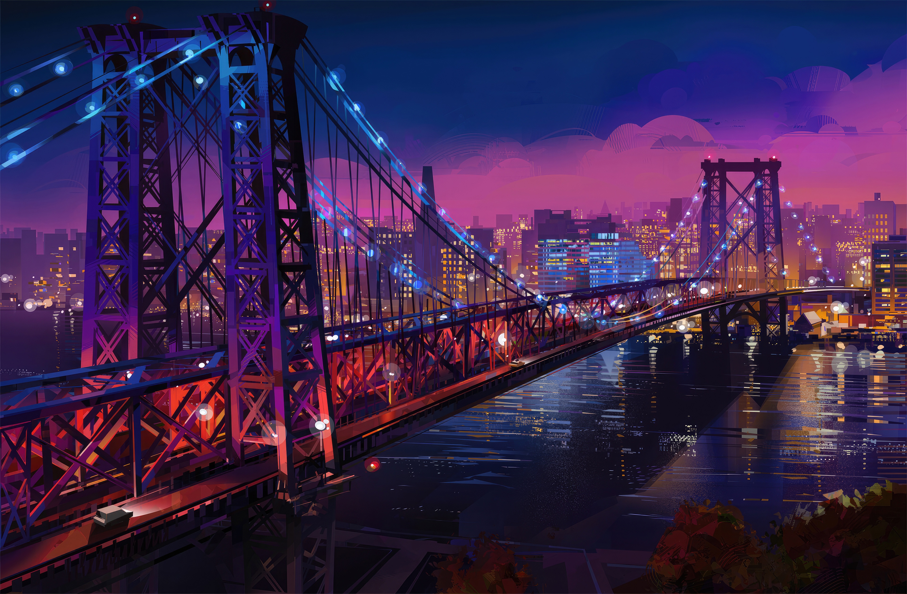 Williamsburg Bridge at night with city skyline HD Wallpaper