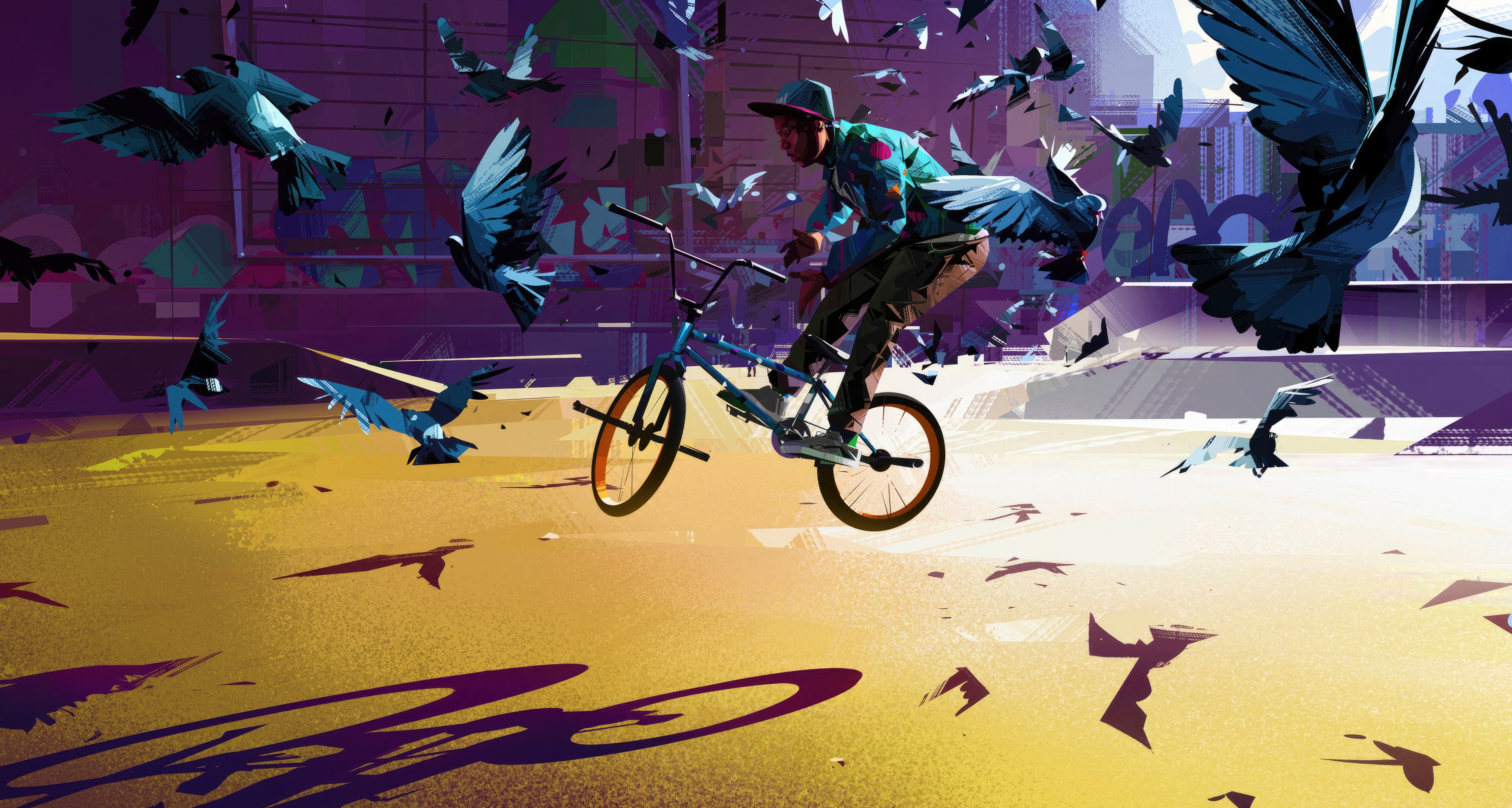 BMX rider performing a trick surrounded by birds HD Wallpaper